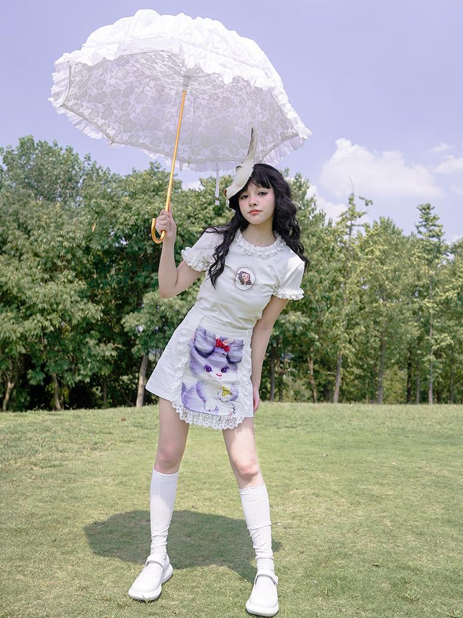 Daytoday Vintage Lace Print Rabbit Short Skirt
