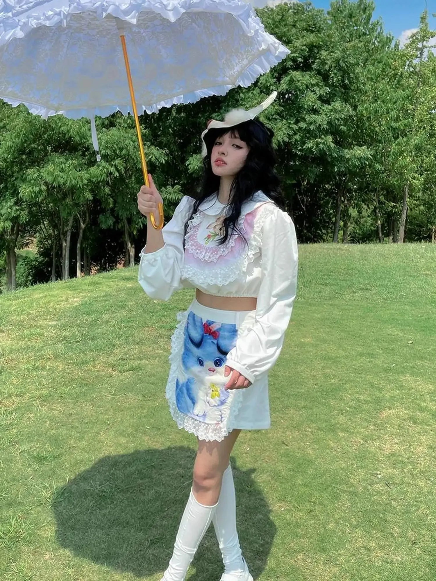 Vintage Pastoral Lace Blouse Cotton Short Top