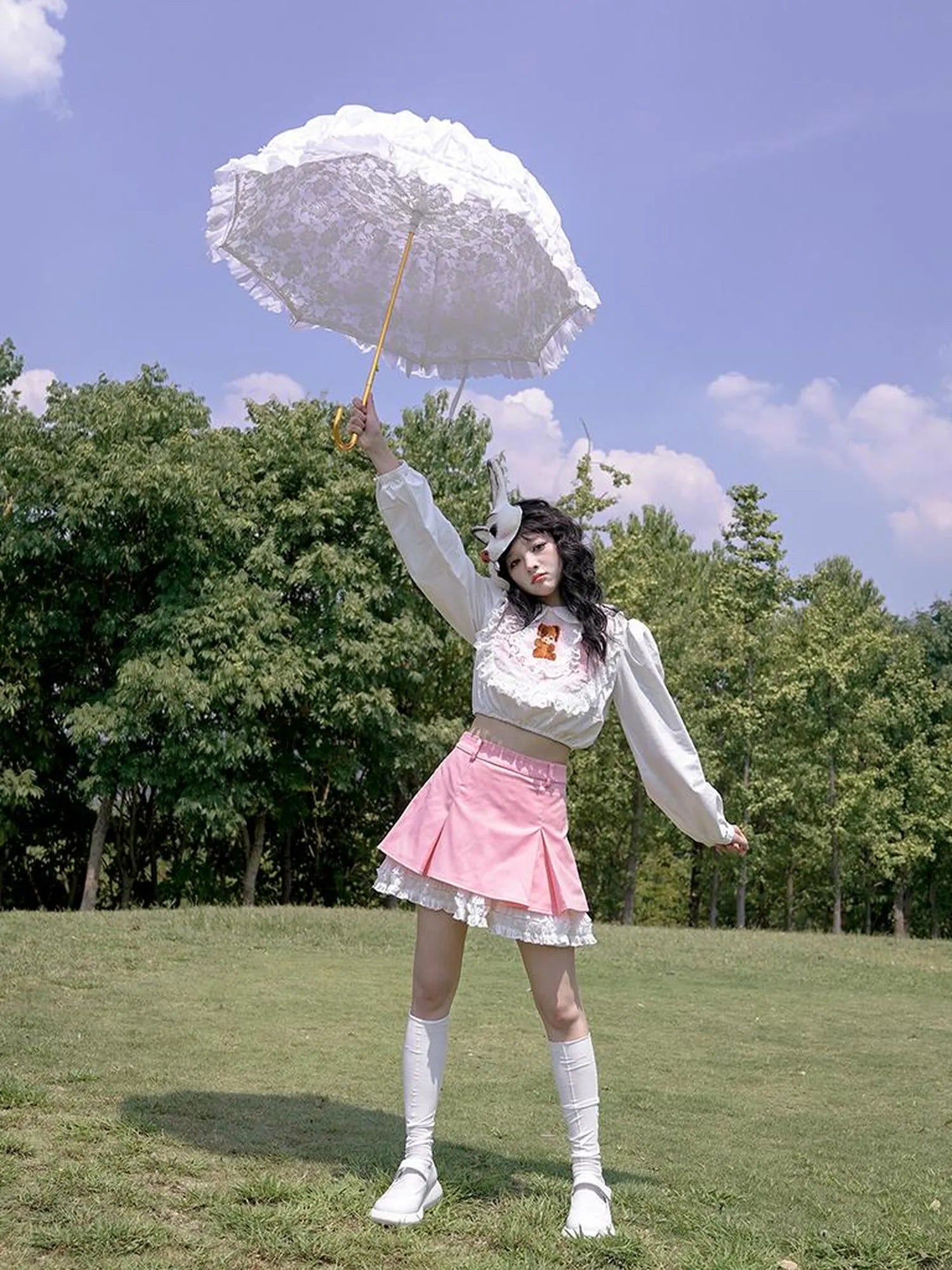 Vintage Pastoral Lace Blouse Cotton Short Top