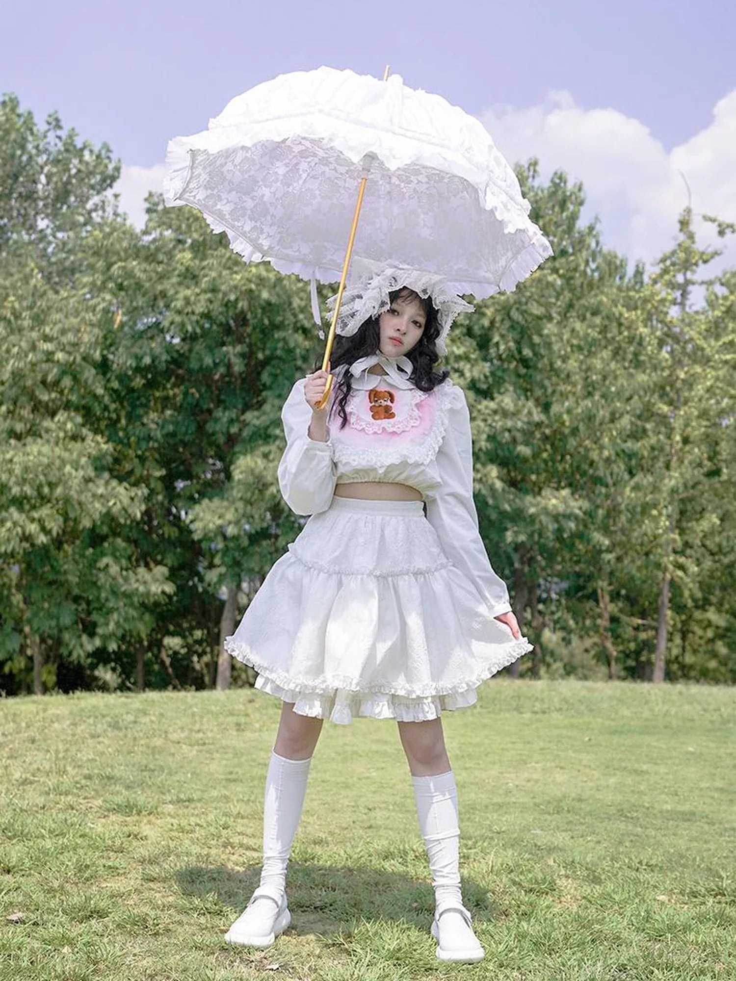 Vintage Pastoral Lace Blouse Cotton Short Top