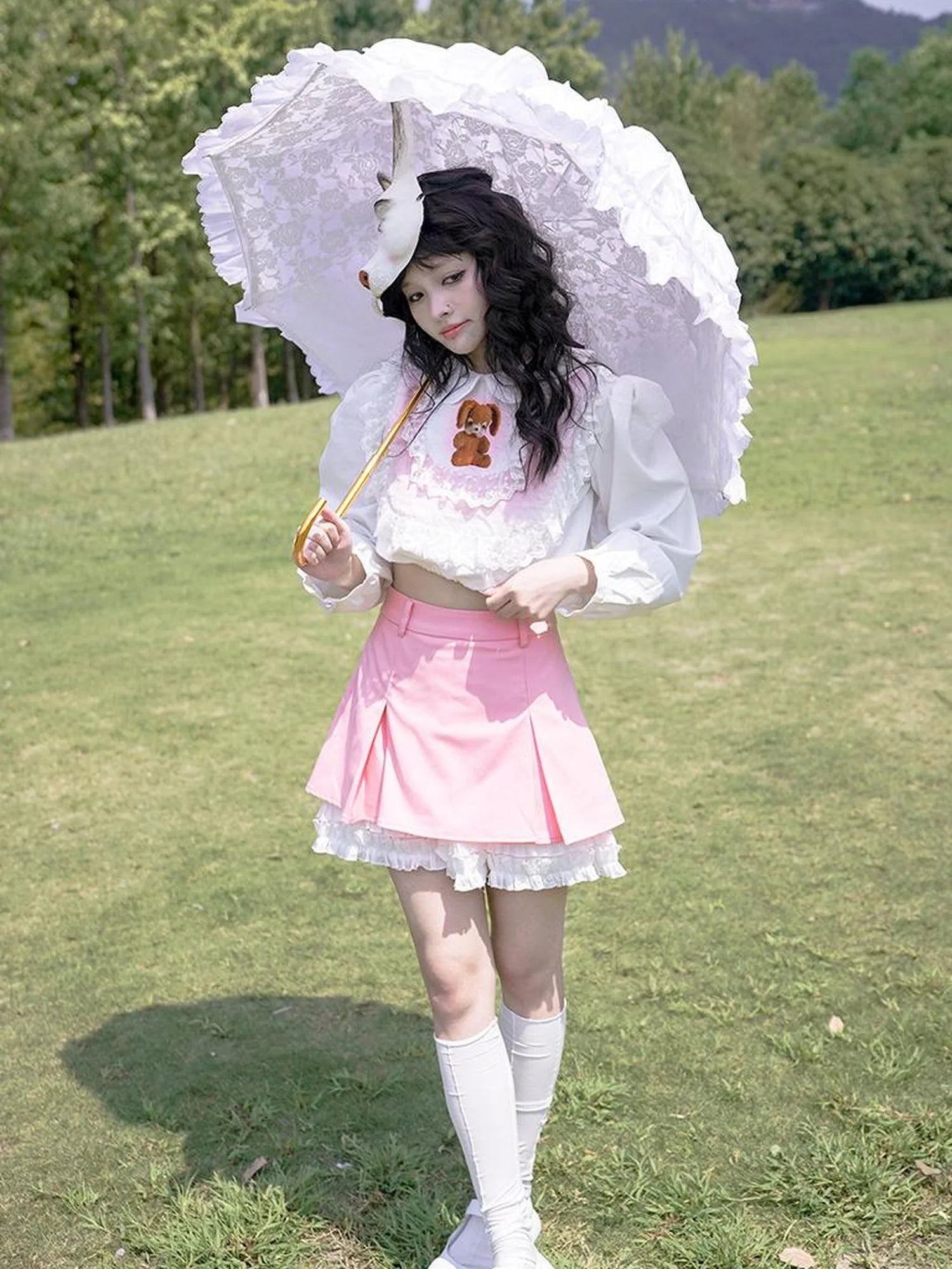 Vintage Pastoral Lace Blouse Cotton Short Top