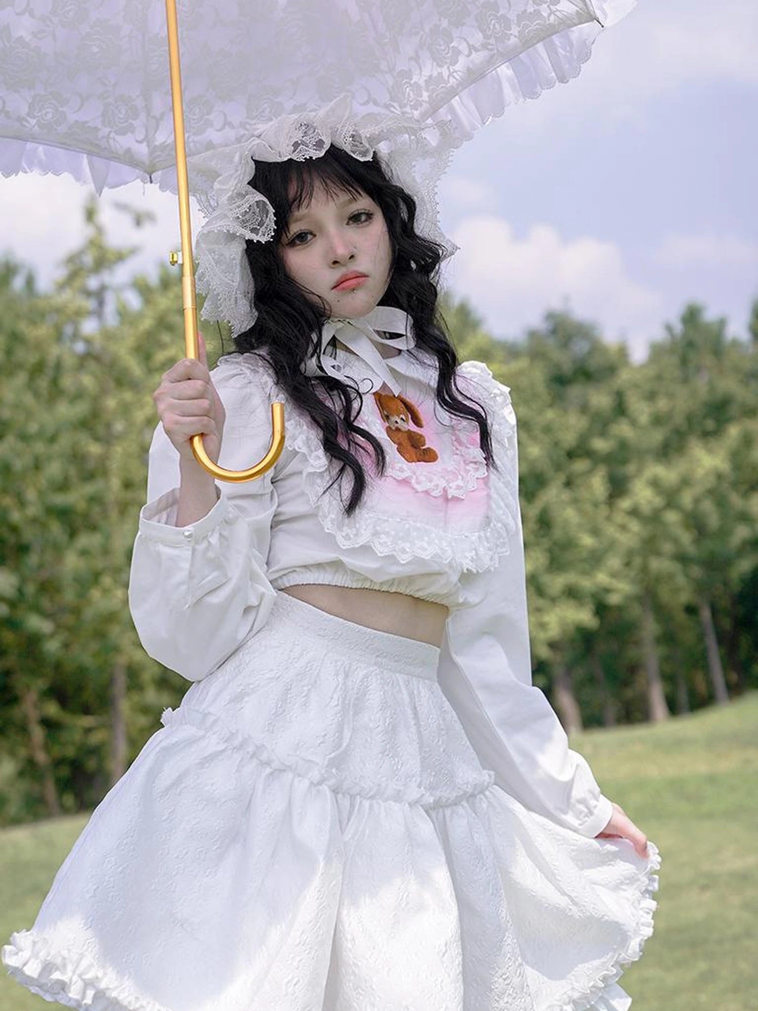 Vintage Pastoral Lace Blouse Cotton Short Top