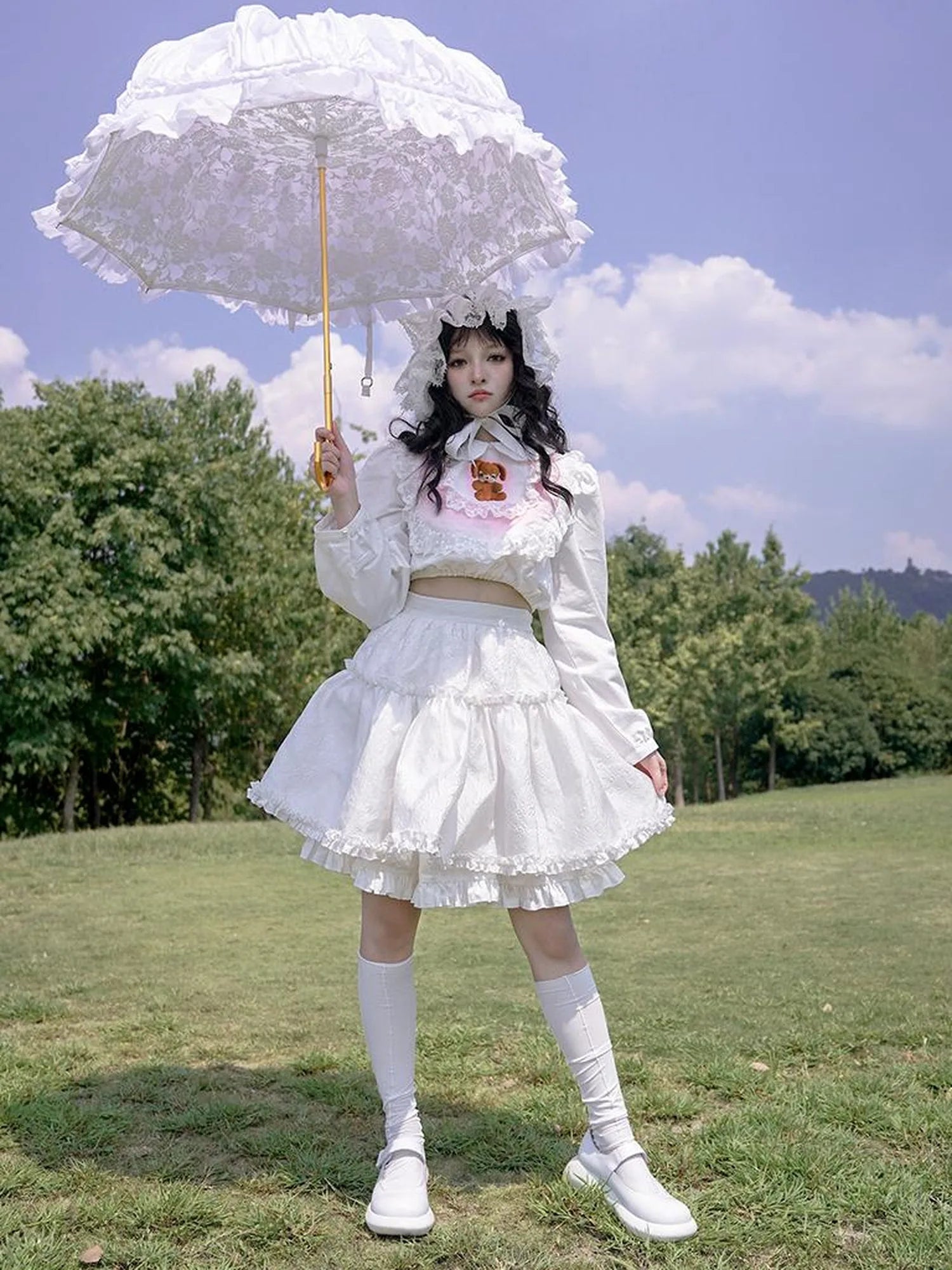 Vintage Pastoral Lace Blouse Cotton Short Top