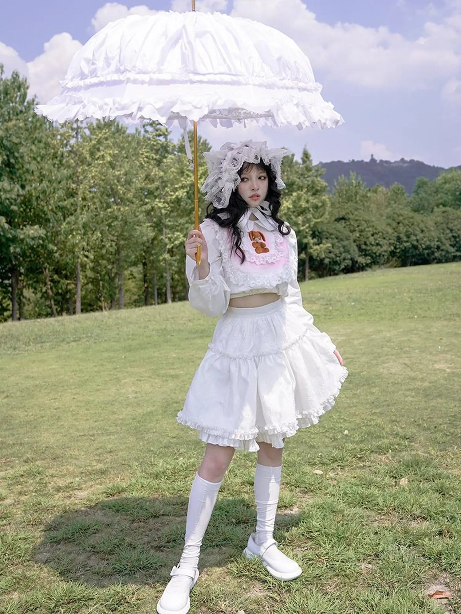 Vintage Pastoral Lace Blouse Cotton Short Top