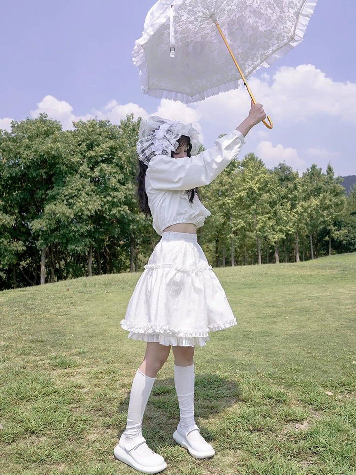 Vintage Pastoral Lace Blouse Cotton Short Top