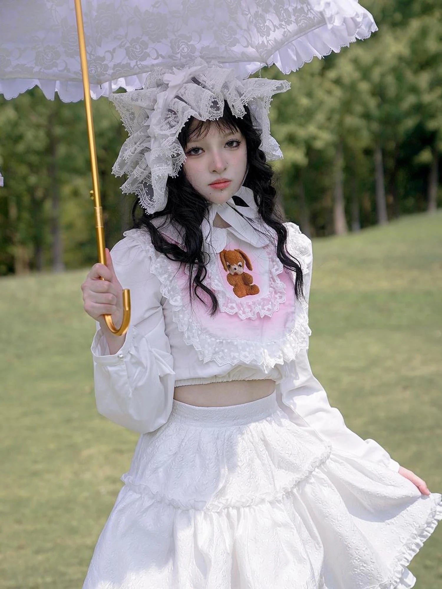 Vintage Pastoral Lace Blouse Cotton Short Top