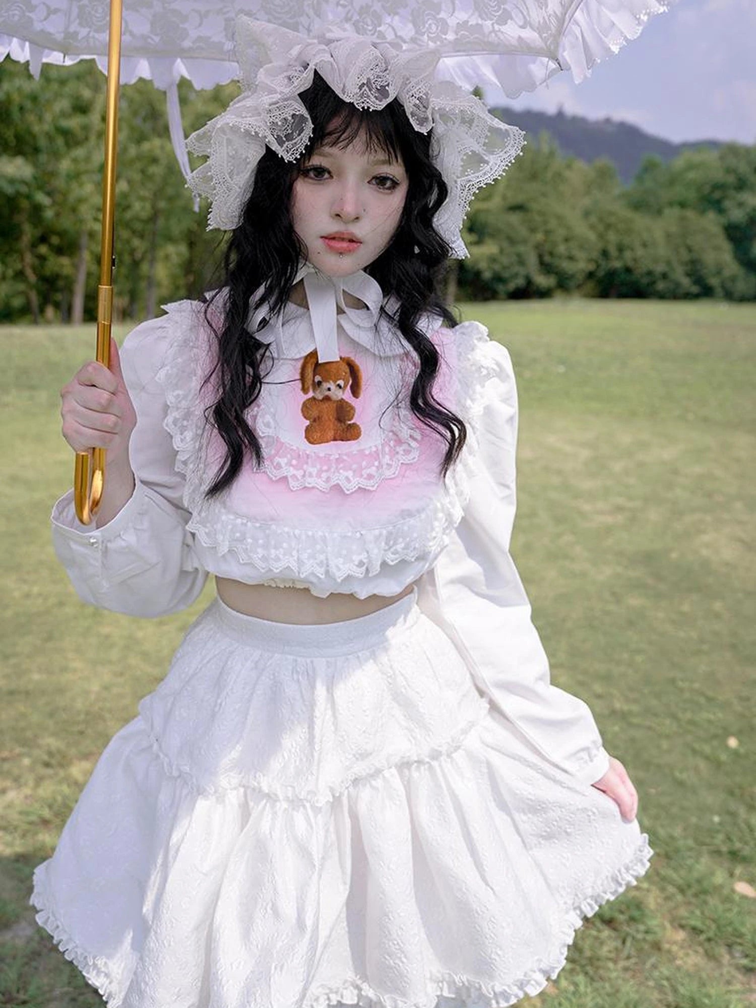 Vintage Pastoral Lace Blouse Cotton Short Top