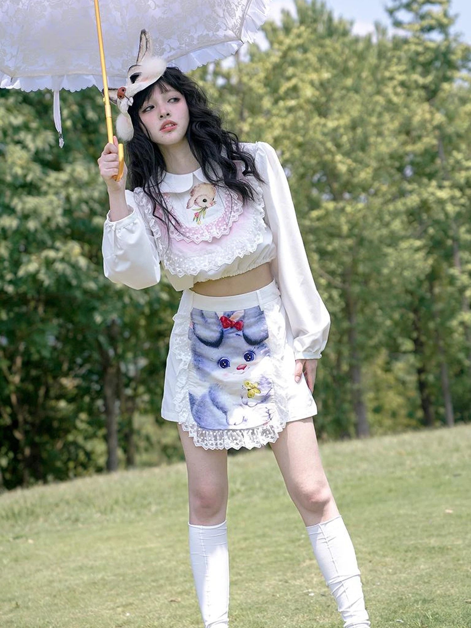 Vintage Pastoral Lace Blouse Cotton Short Top