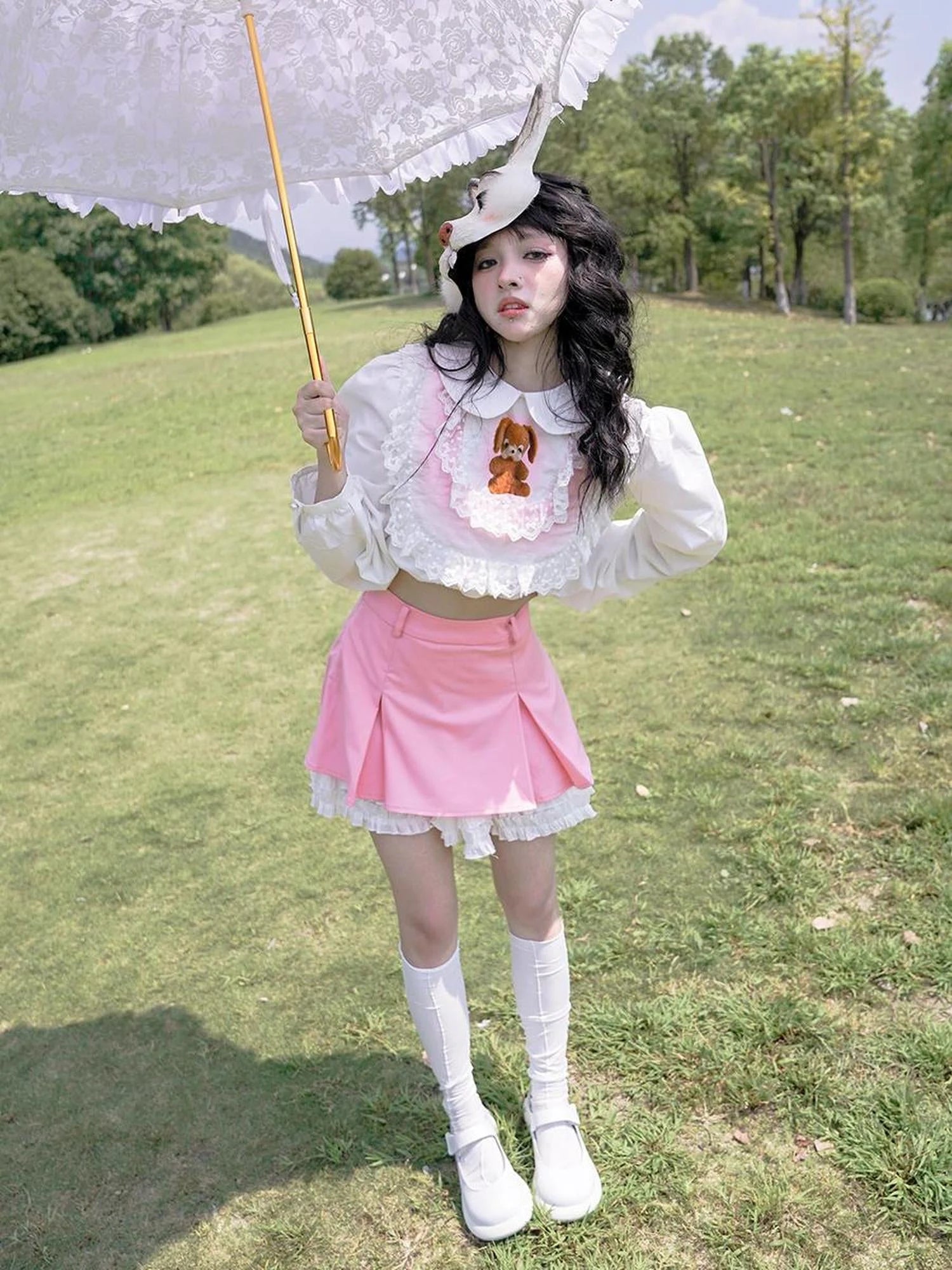 Vintage Pastoral Lace Blouse Cotton Short Top