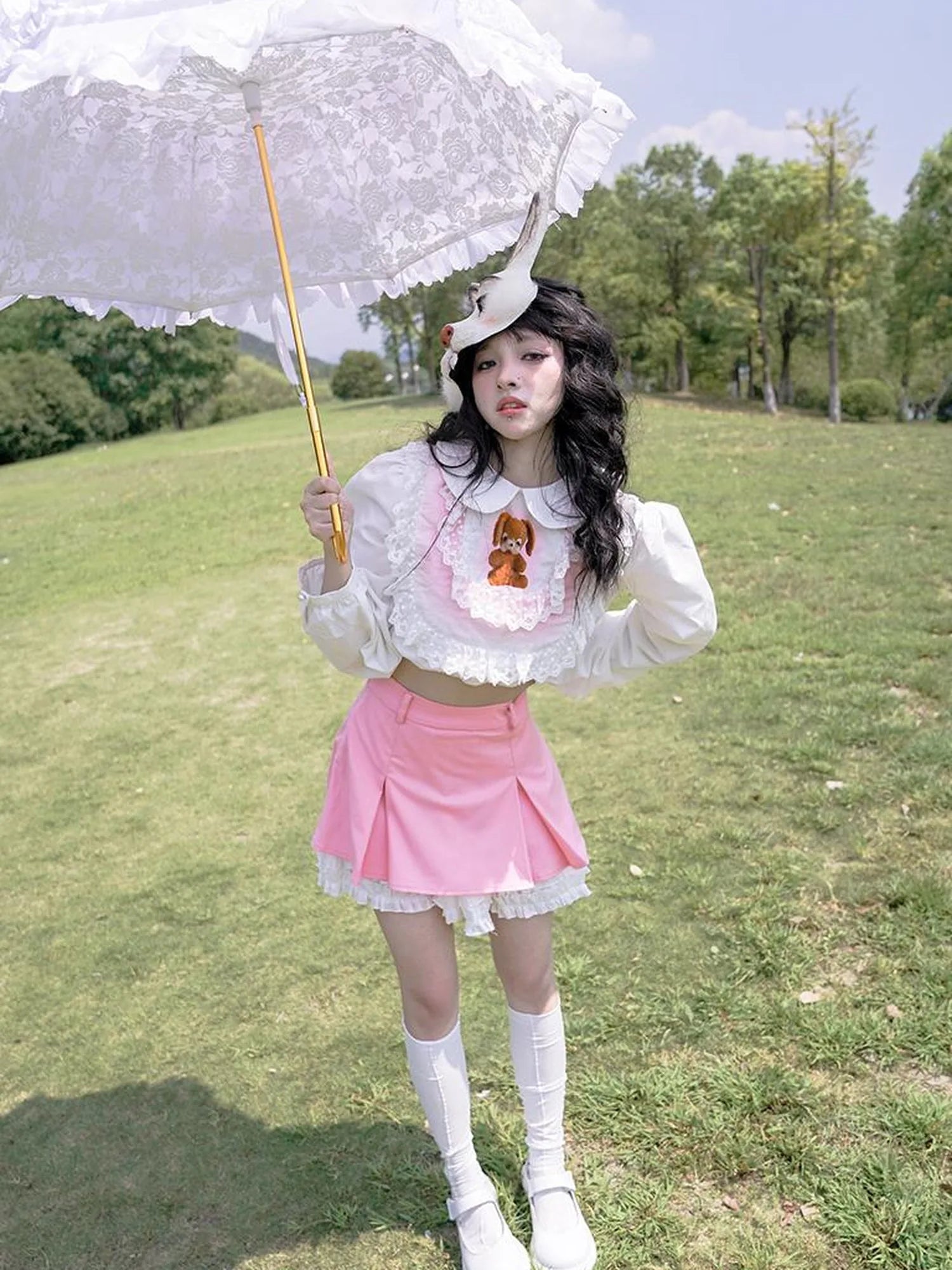 Vintage Pastoral Lace Blouse Cotton Short Top