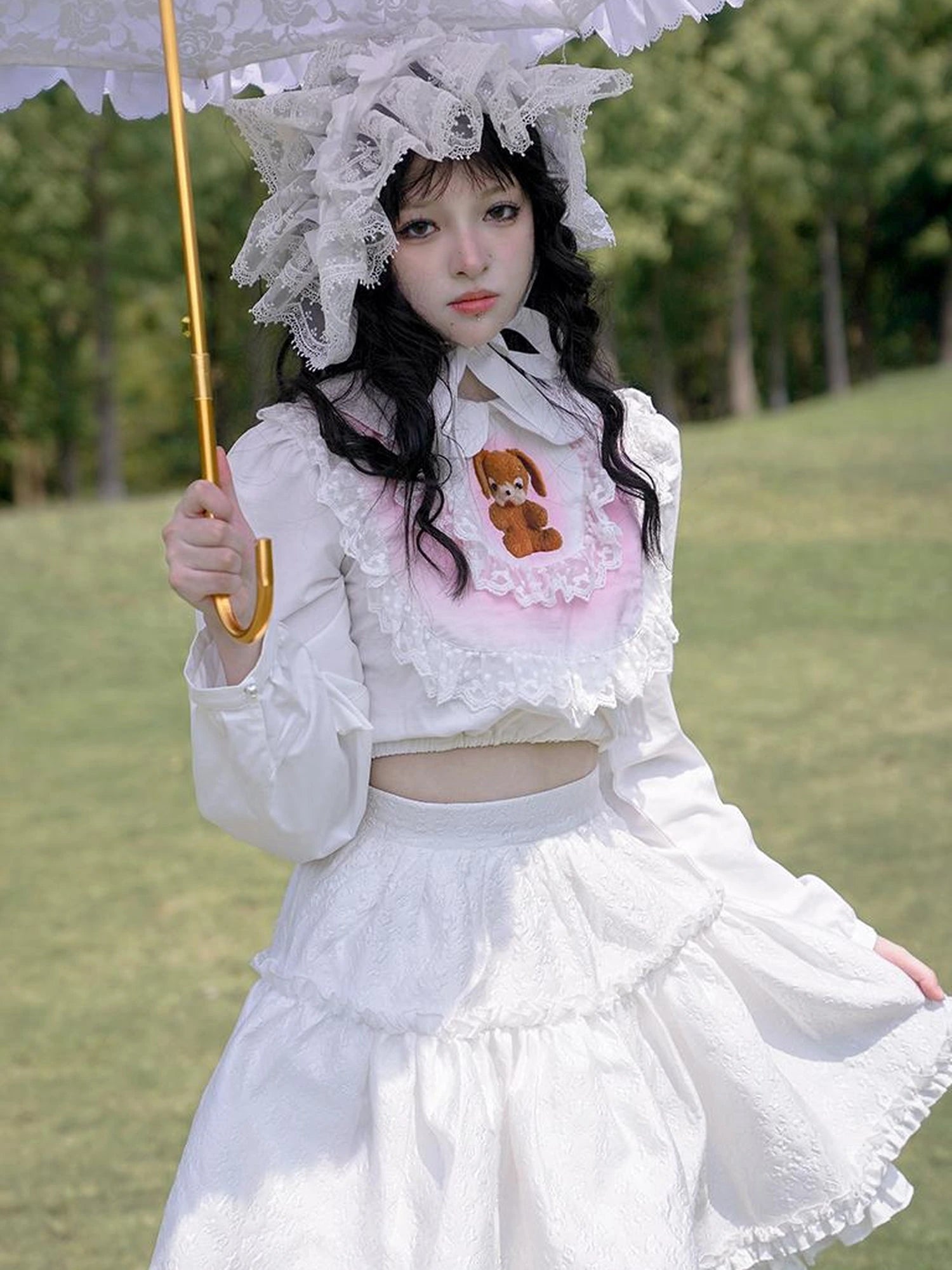 Vintage Pastoral Lace Blouse Cotton Short Top