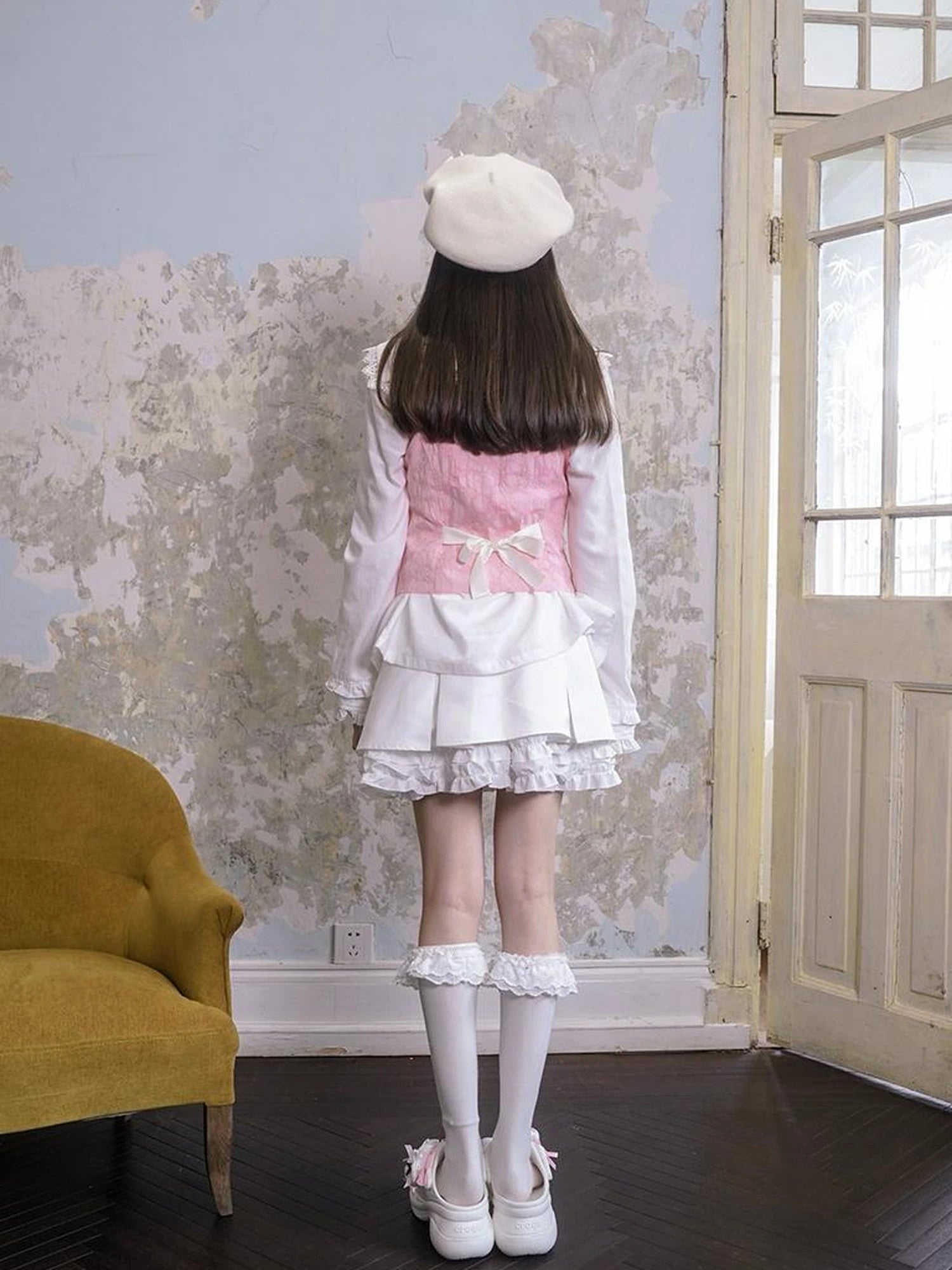 Vintage Pearl Embroidered Cotton Vest With Bow Closure