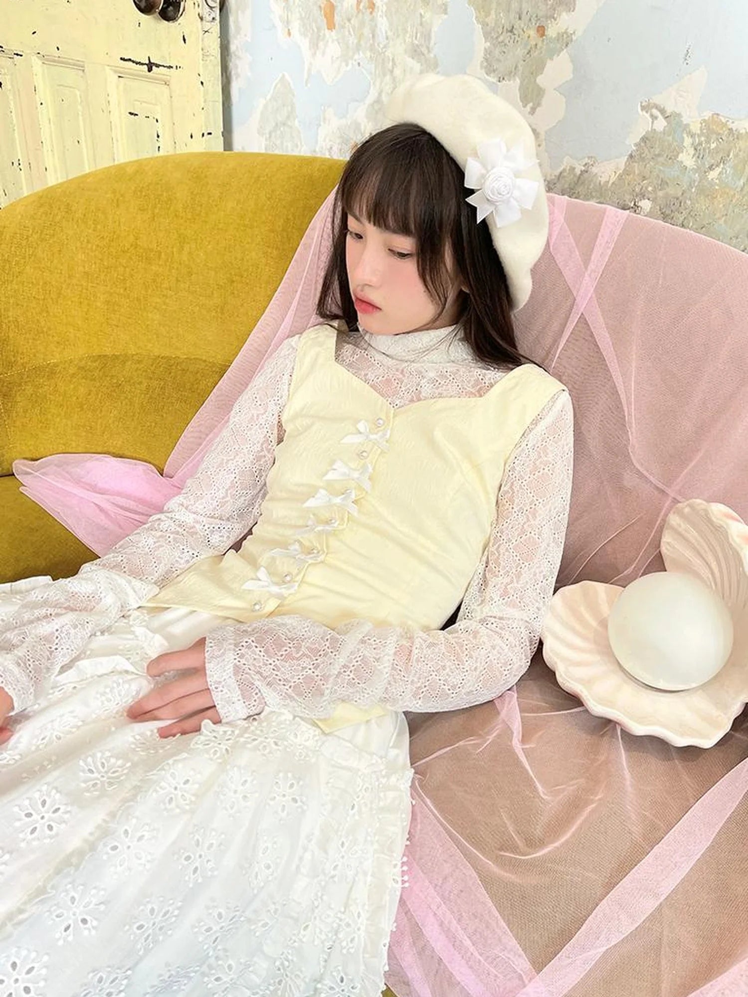 Vintage Pearl Embroidered Cotton Vest With Bow Closure