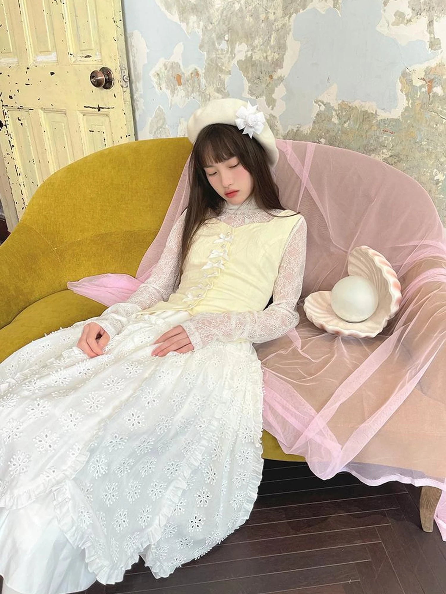 Vintage Pearl Embroidered Cotton Vest With Bow Closure