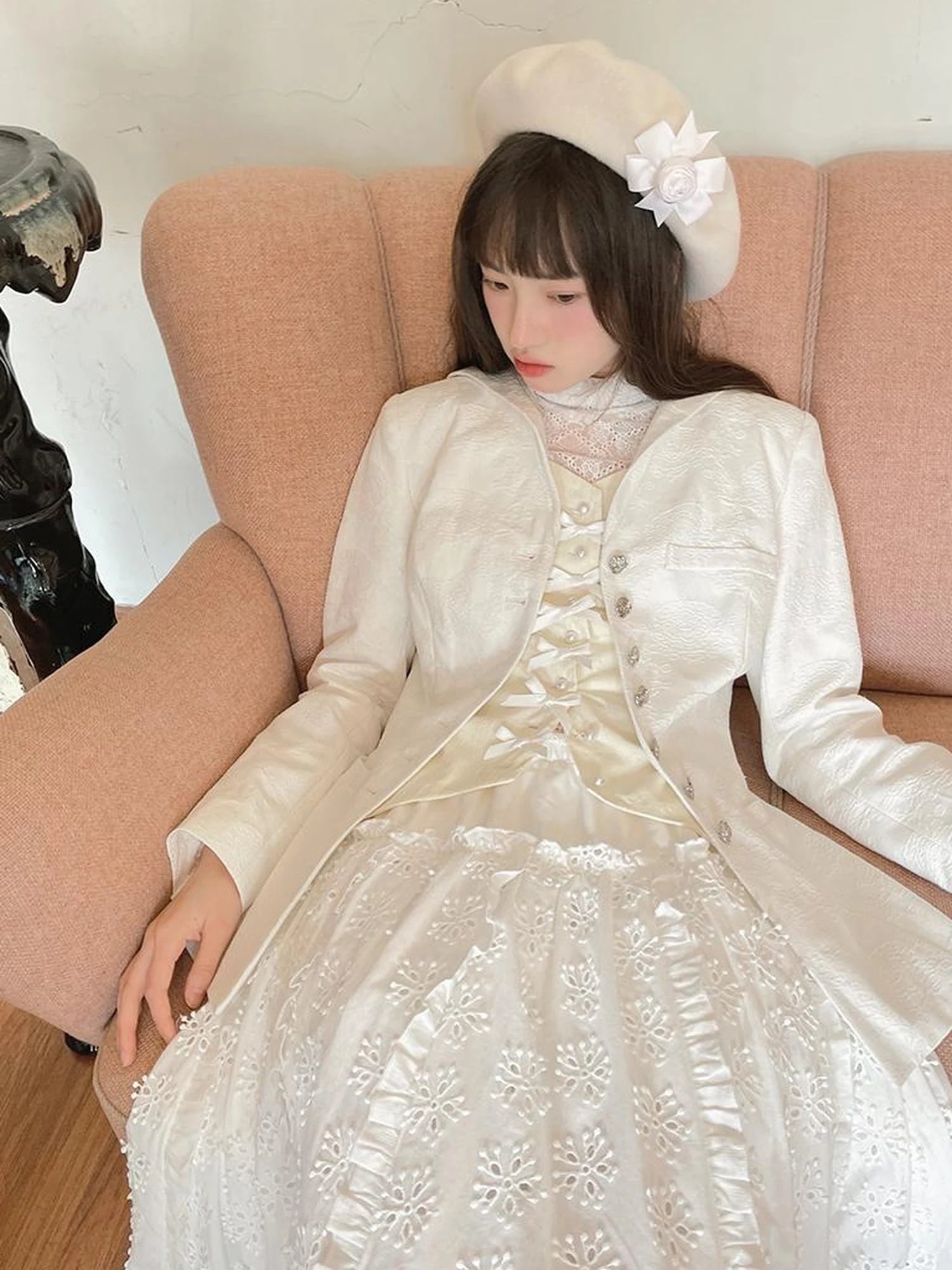 Vintage Pearl Embroidered Cotton Vest With Bow Closure