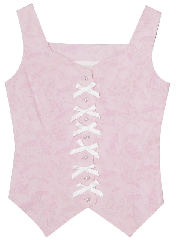 Vintage Pearl Embroidered Cotton Vest With Bow Closure