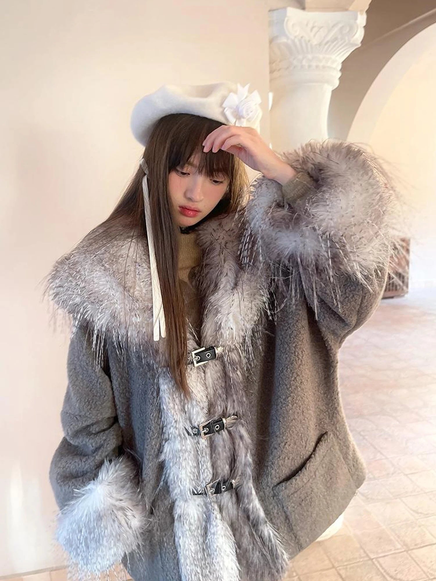 Vintage Plush Patchwork Loose Hooded Coat