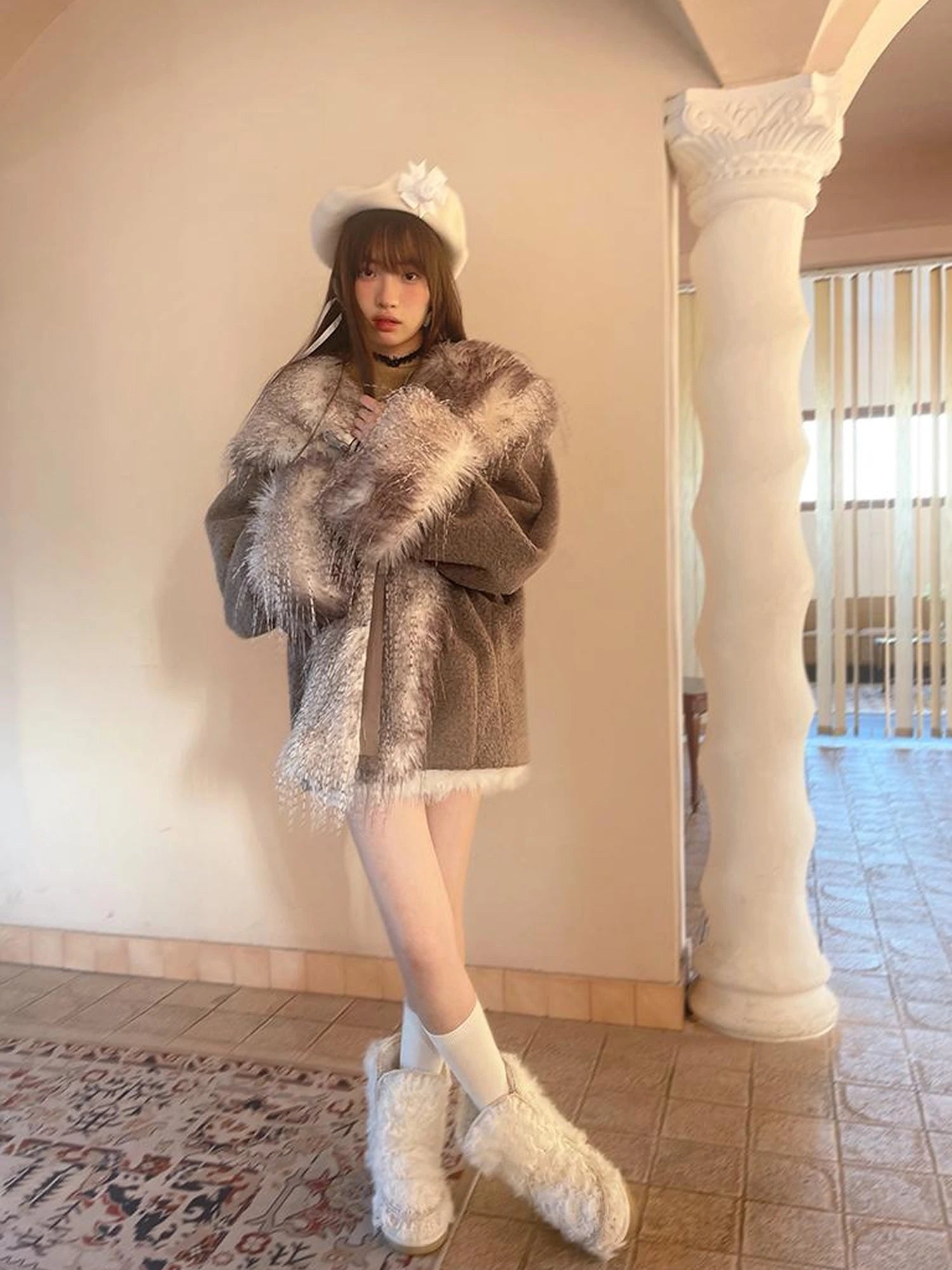 Vintage Plush Patchwork Loose Hooded Coat