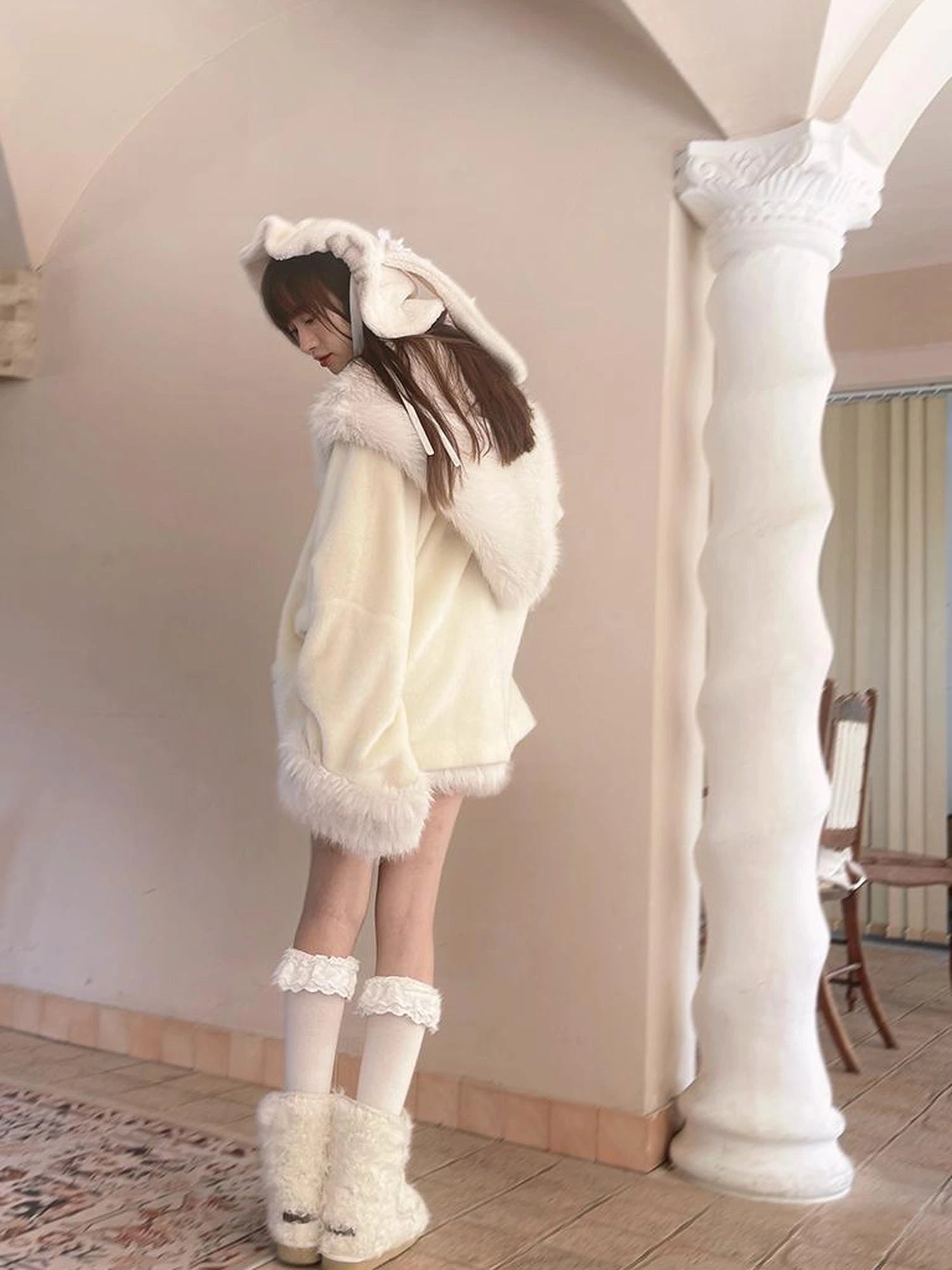 Vintage Plush Patchwork Loose Hooded Coat