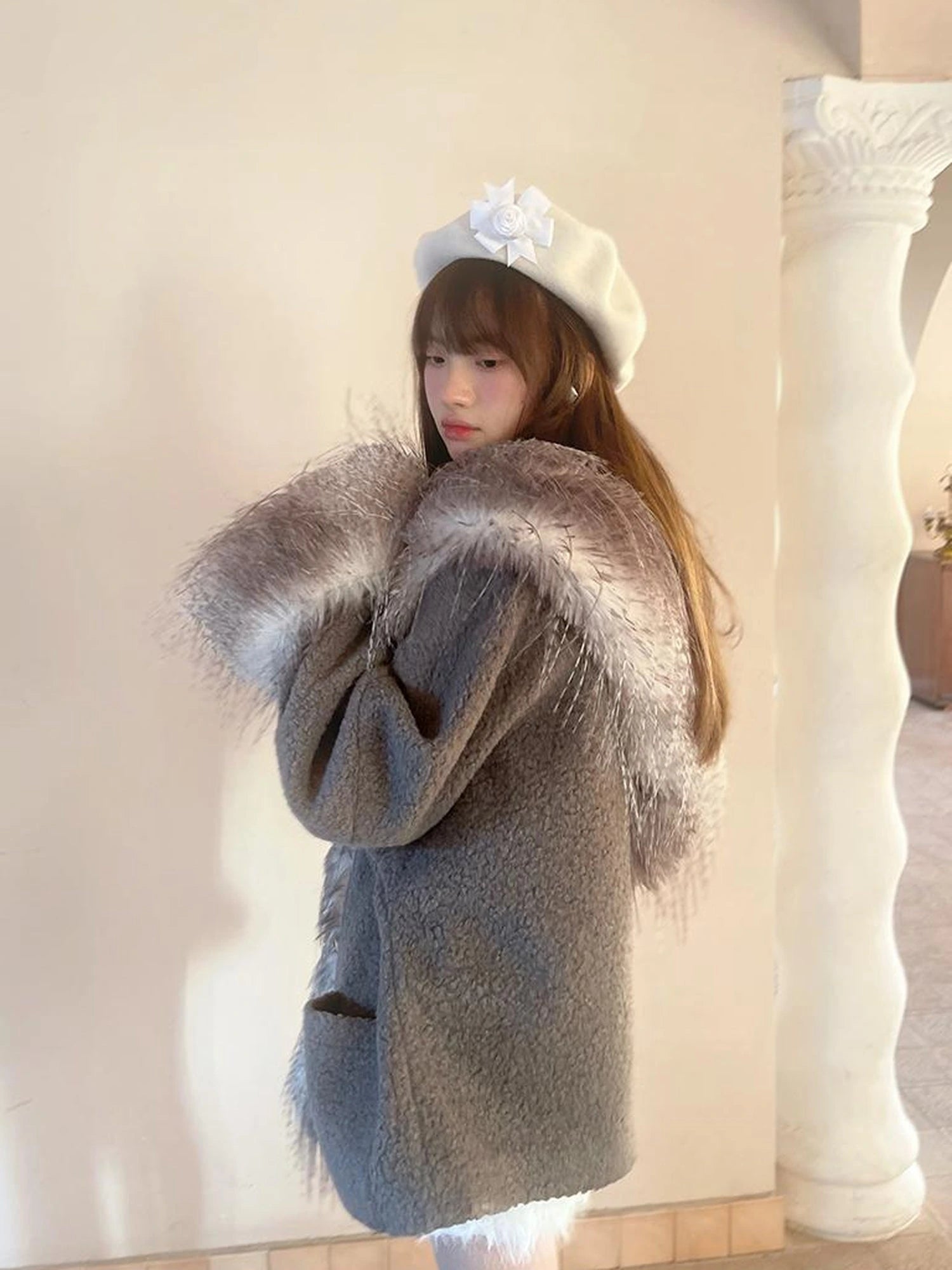 Vintage Plush Patchwork Loose Hooded Coat