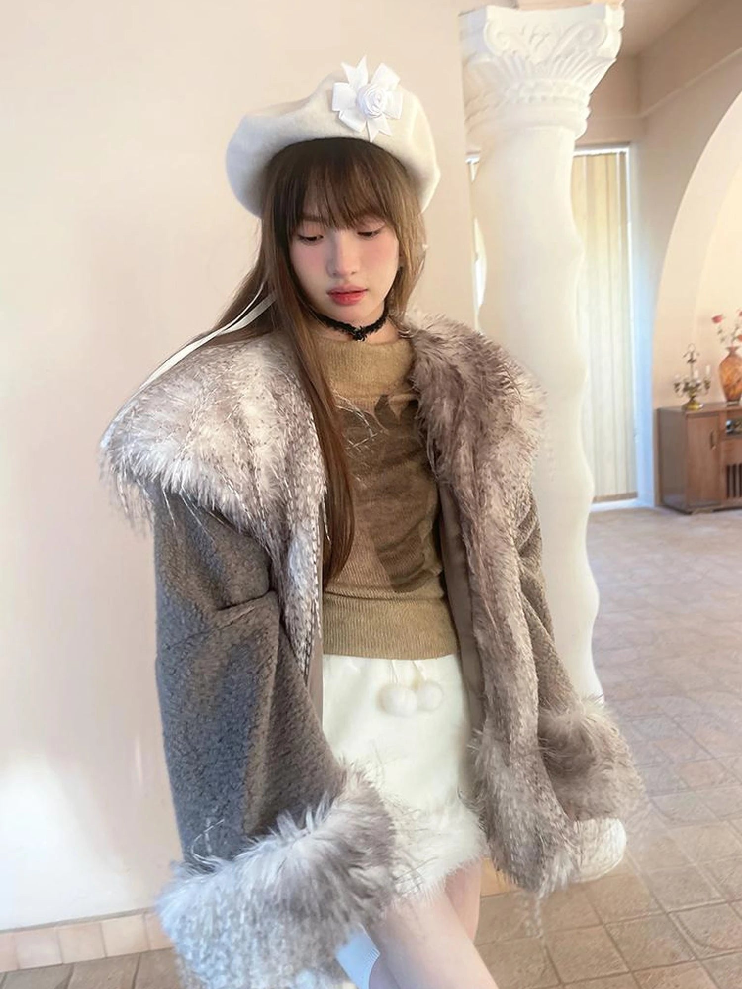 Vintage Plush Patchwork Loose Hooded Coat