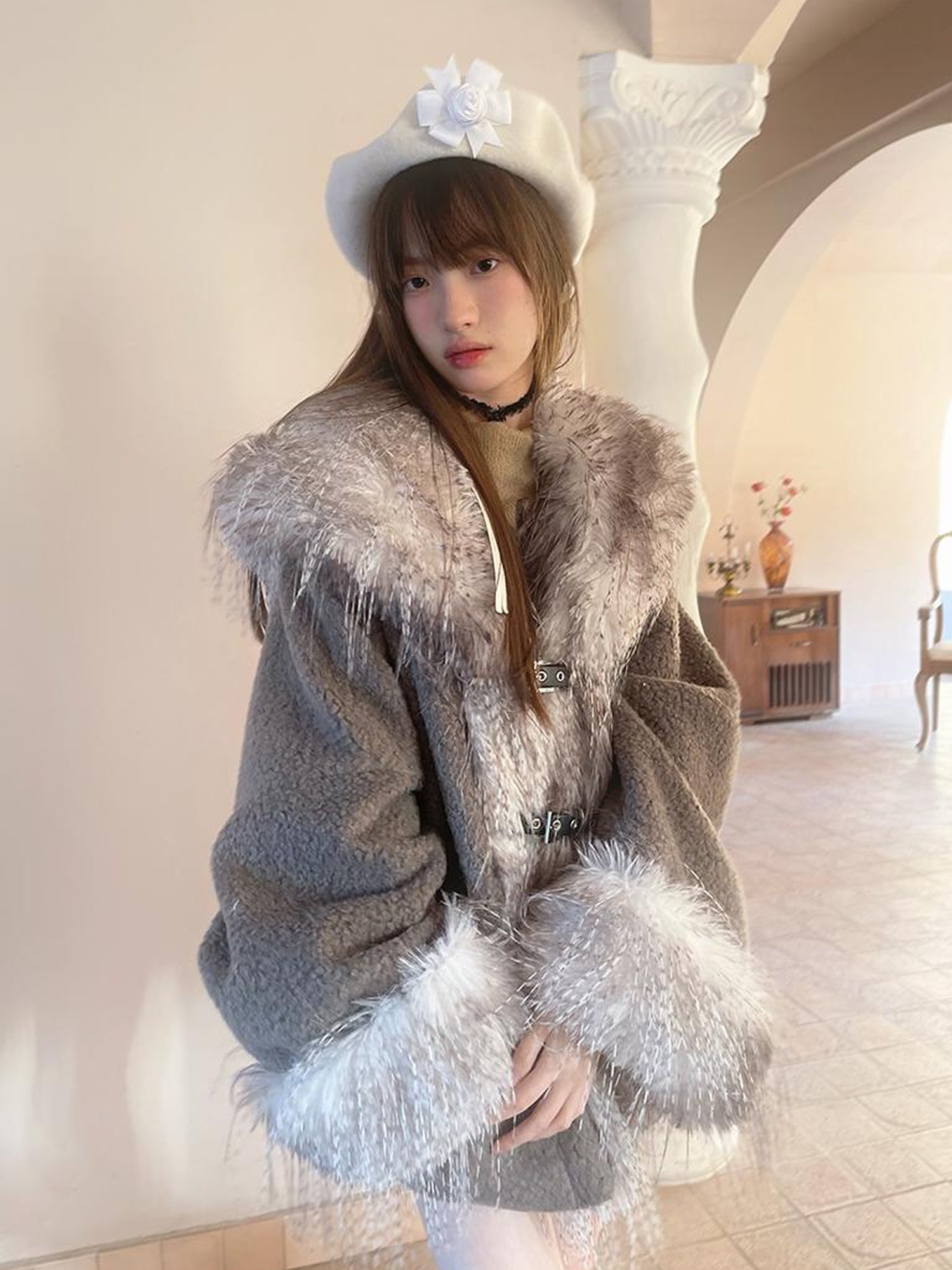 Daytoday Vintage Plush Patchwork Loose Hooded Coat