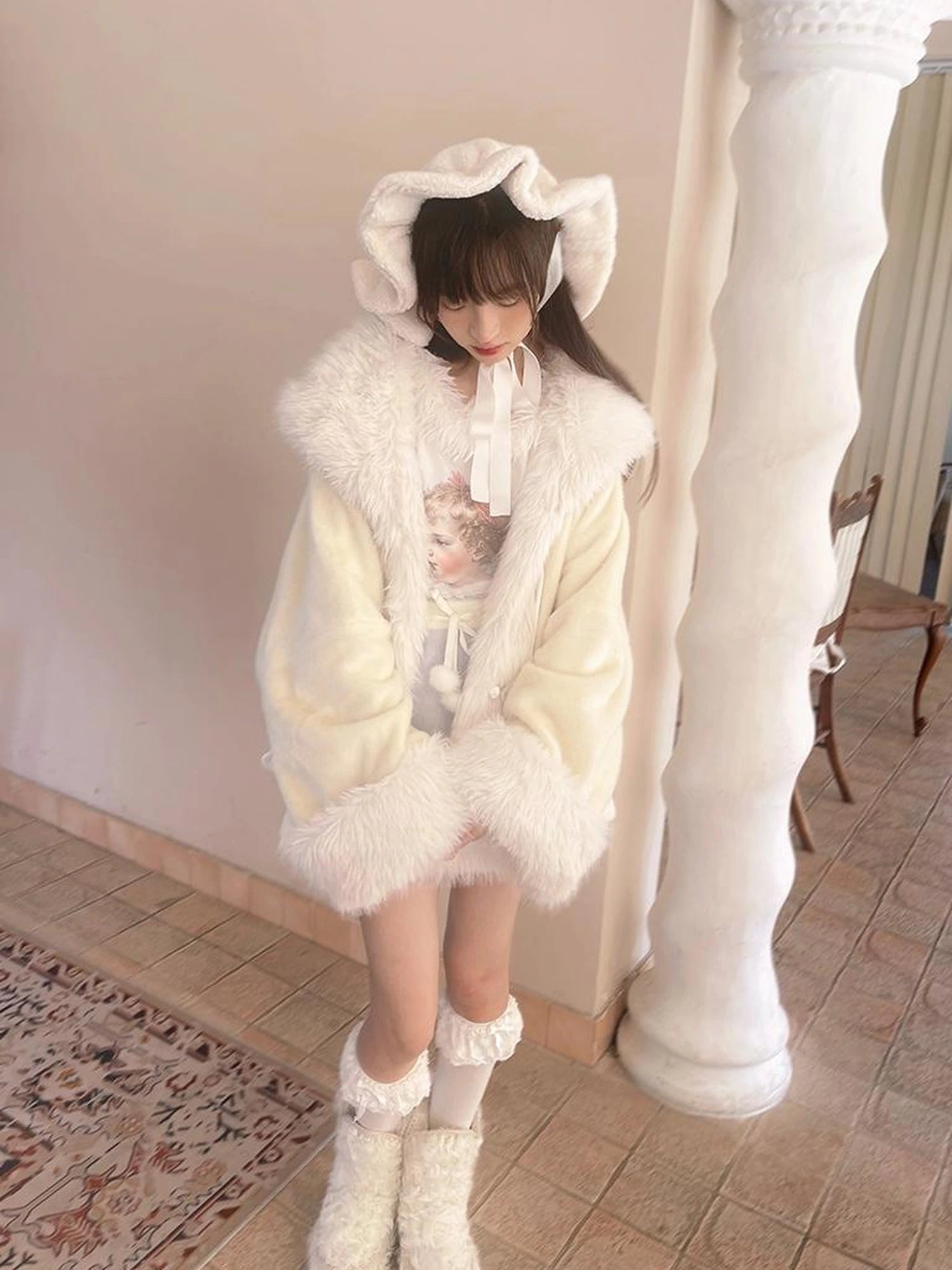 Vintage Plush Patchwork Loose Hooded Coat