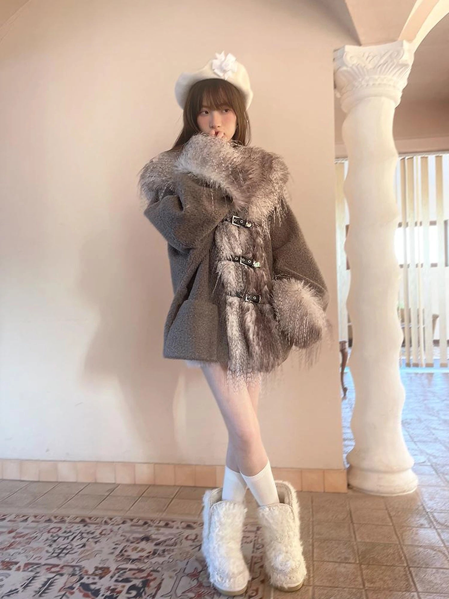 Vintage Plush Patchwork Loose Hooded Coat