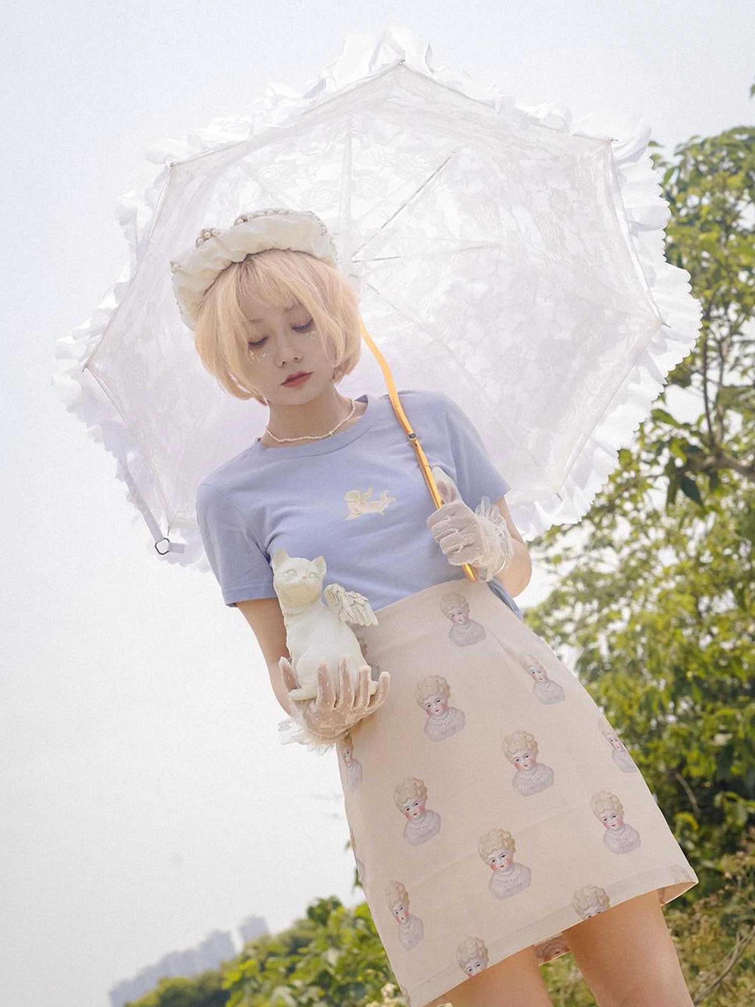 Vintage Porcelain Doll Floral Print Midi Skirt