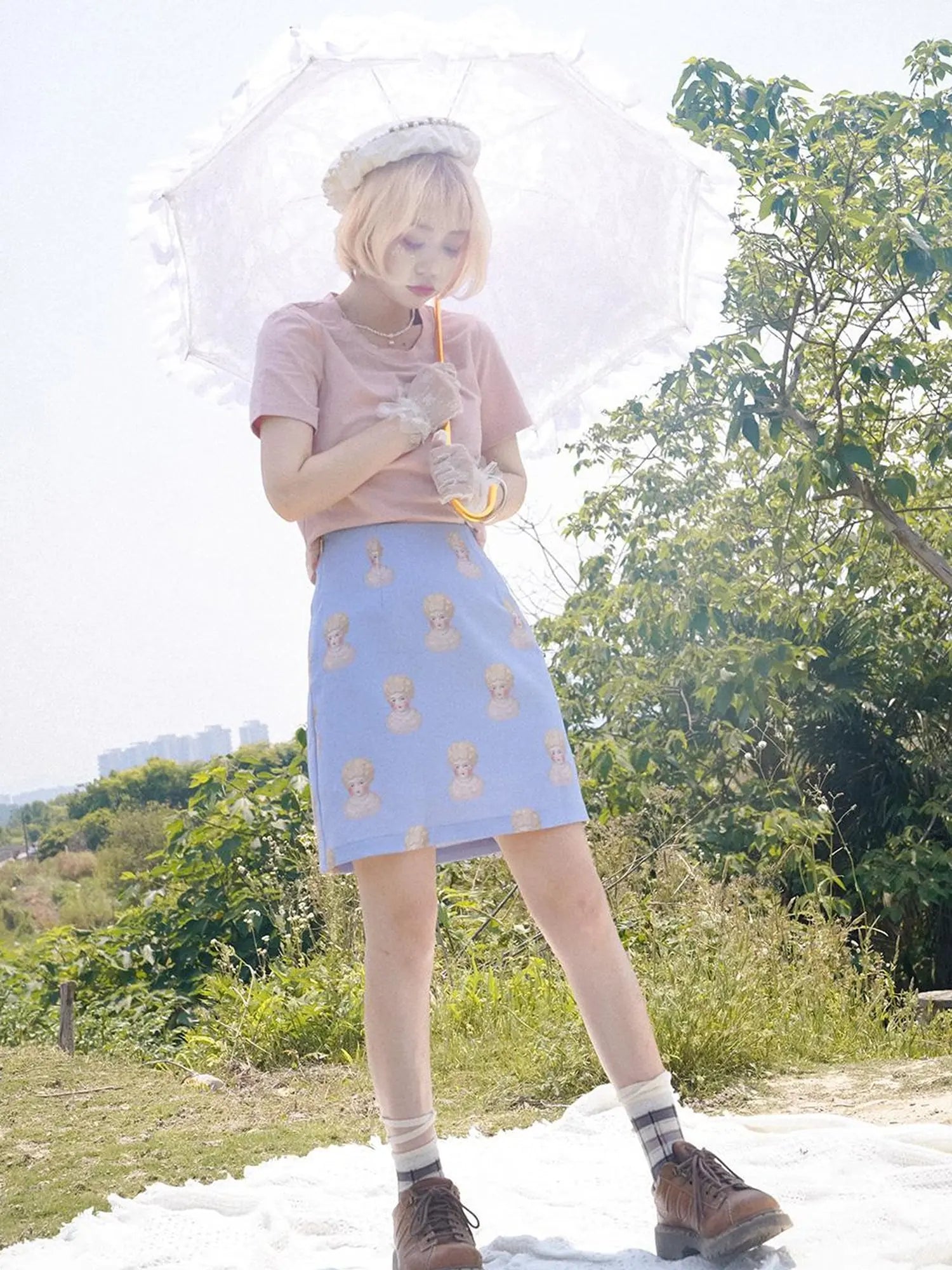 Vintage Porcelain Doll Floral Print Midi Skirt