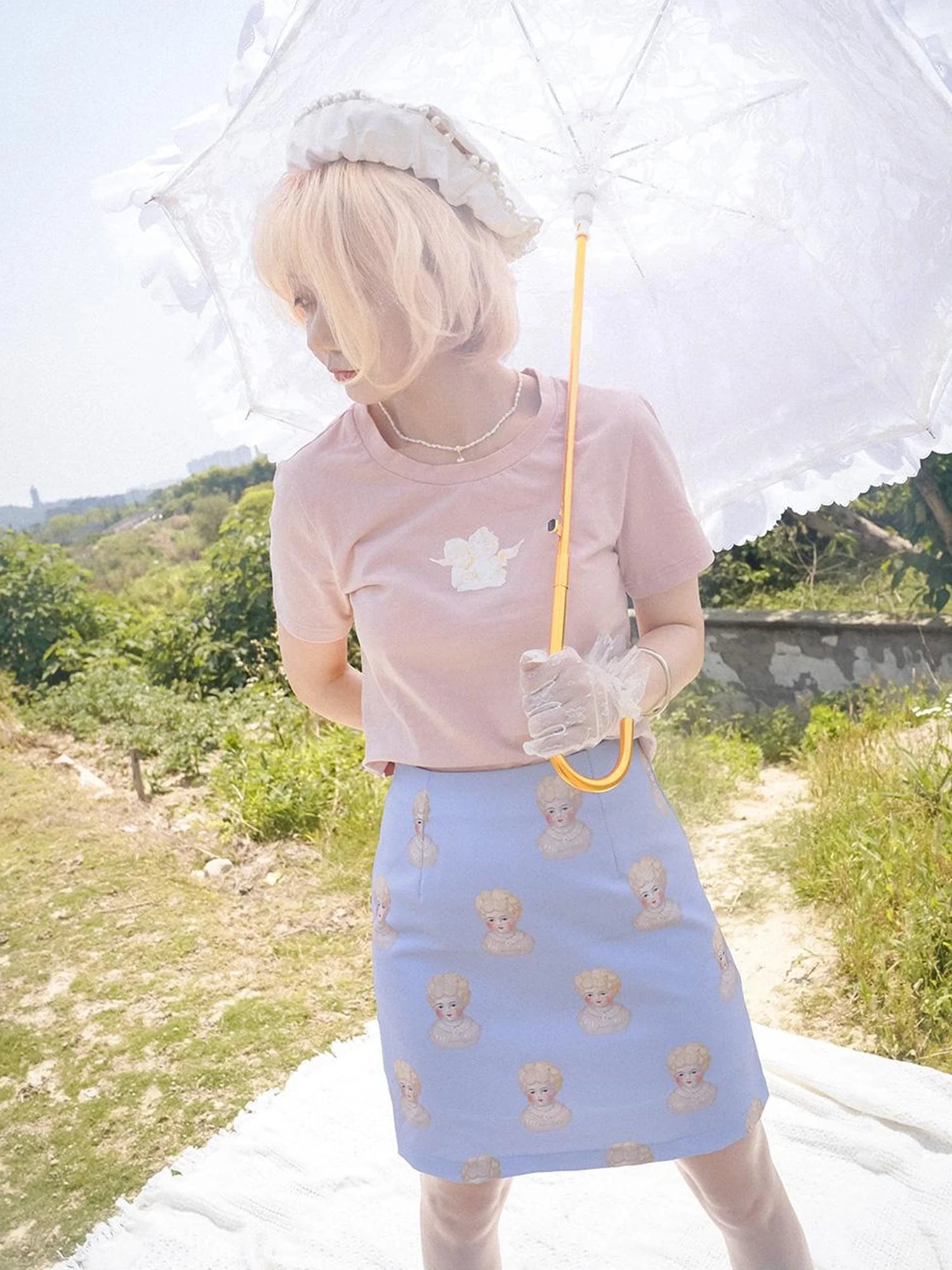 Vintage Porcelain Doll Floral Print Midi Skirt