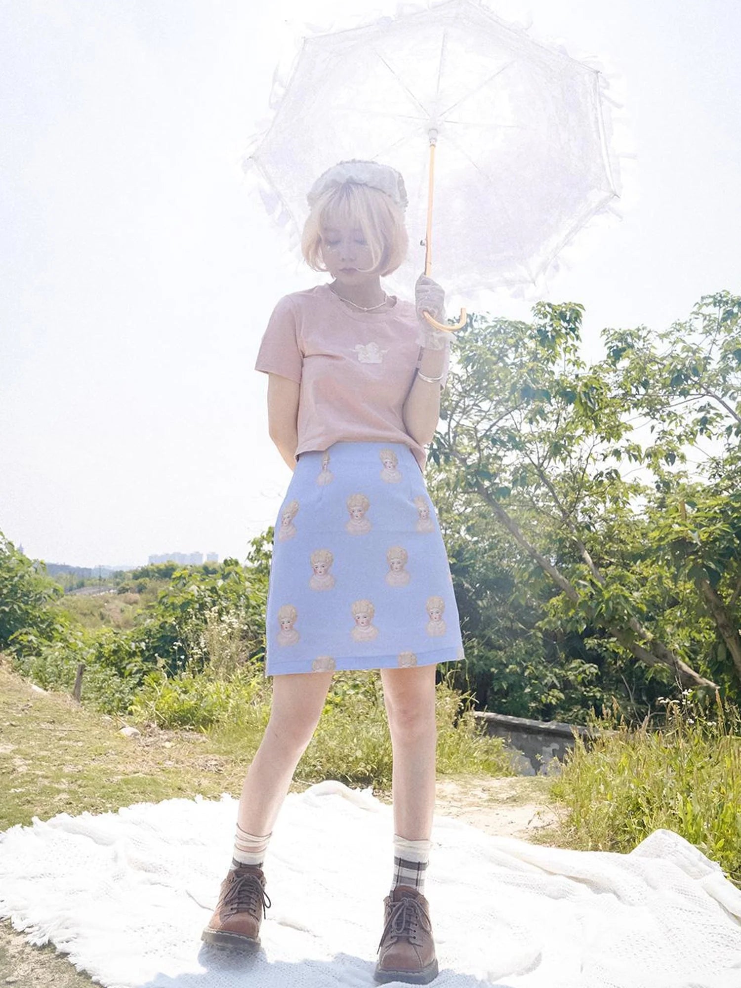 Vintage Porcelain Doll Floral Print Midi Skirt