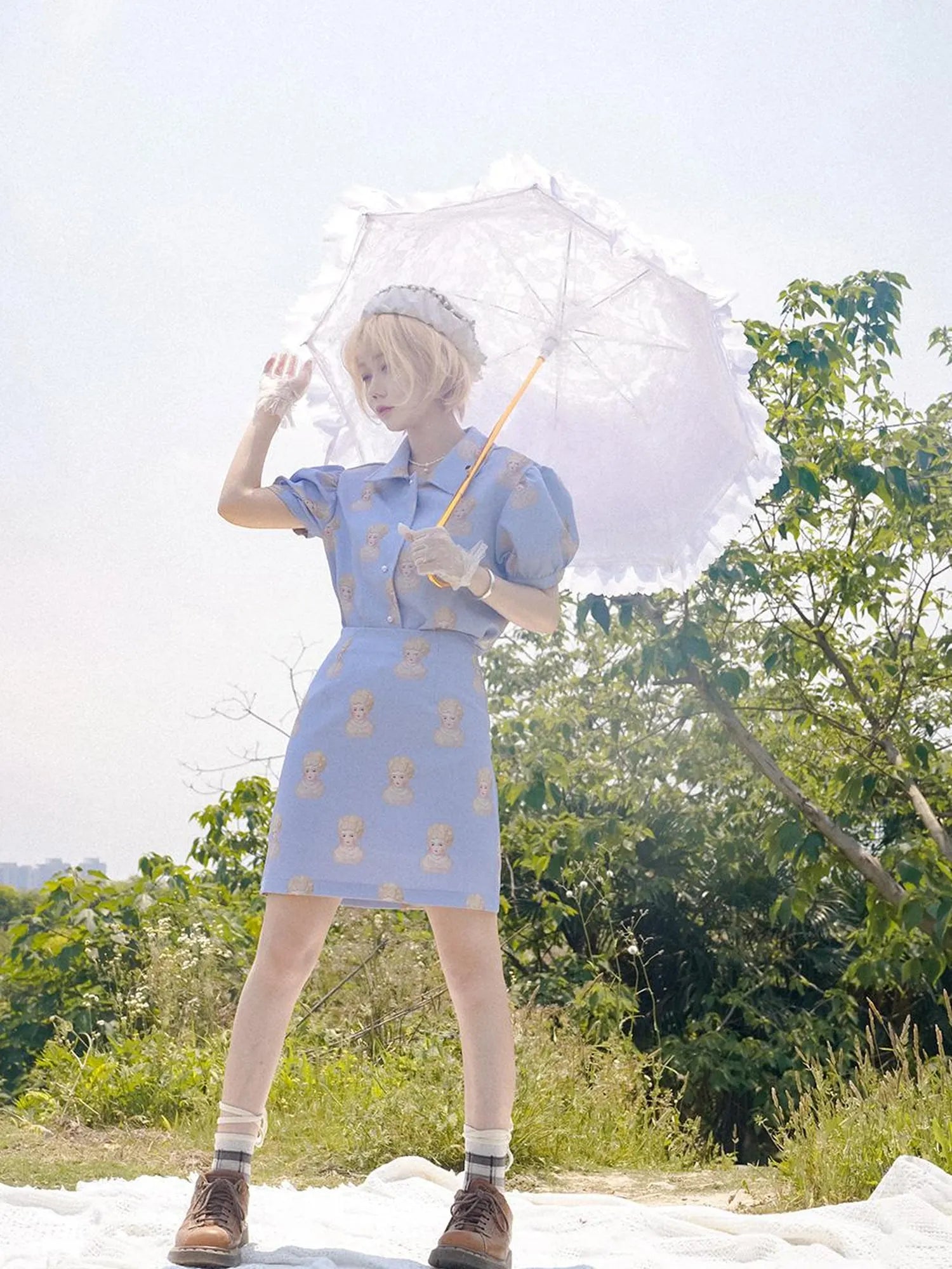 Vintage Porcelain Doll Floral Print Midi Skirt