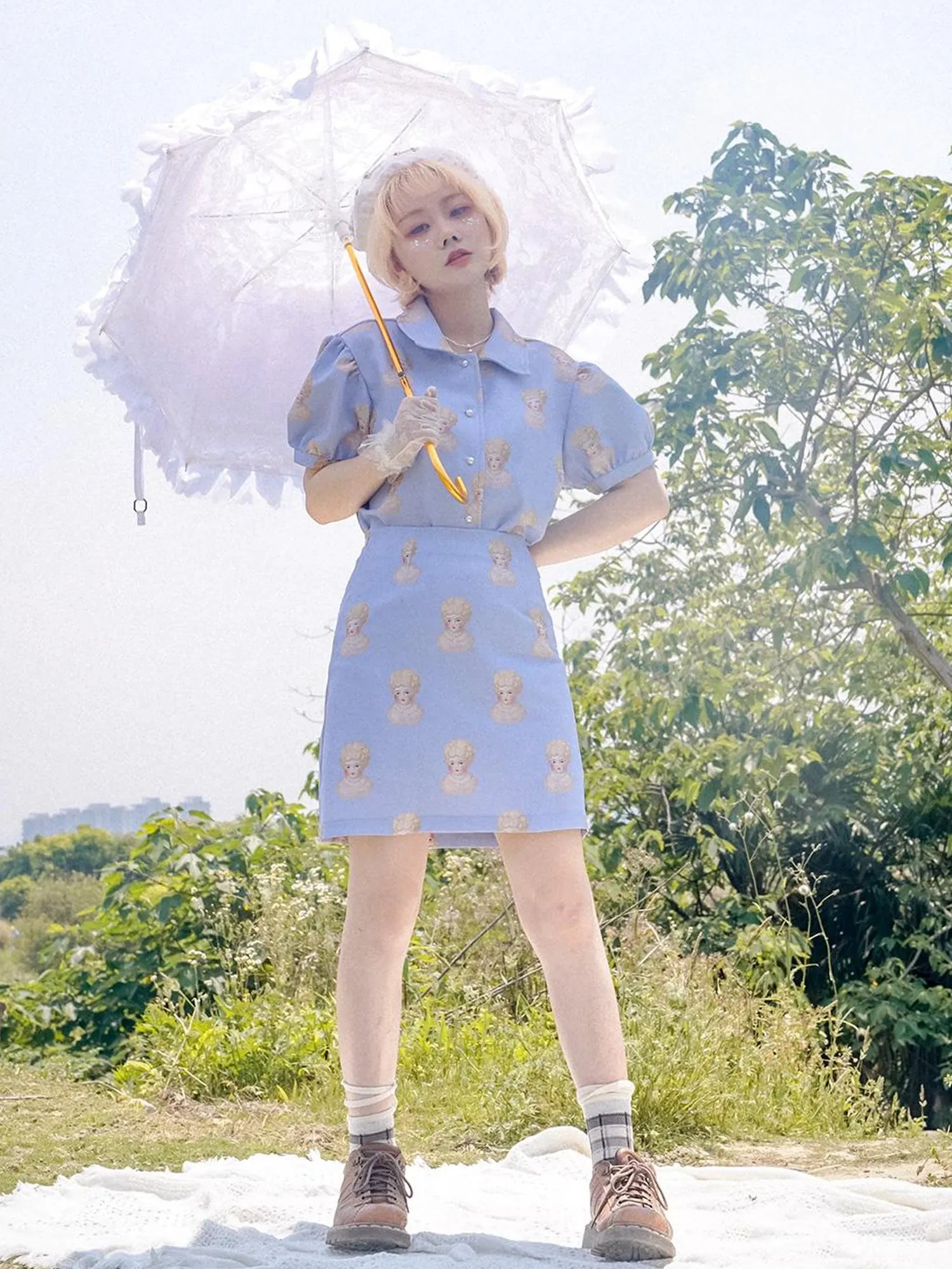 Vintage Porcelain Doll Floral Print Midi Skirt