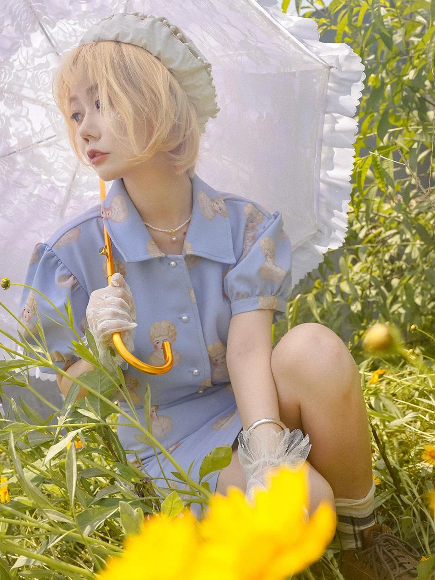 Vintage Porcelain Doll Floral Print Midi Skirt