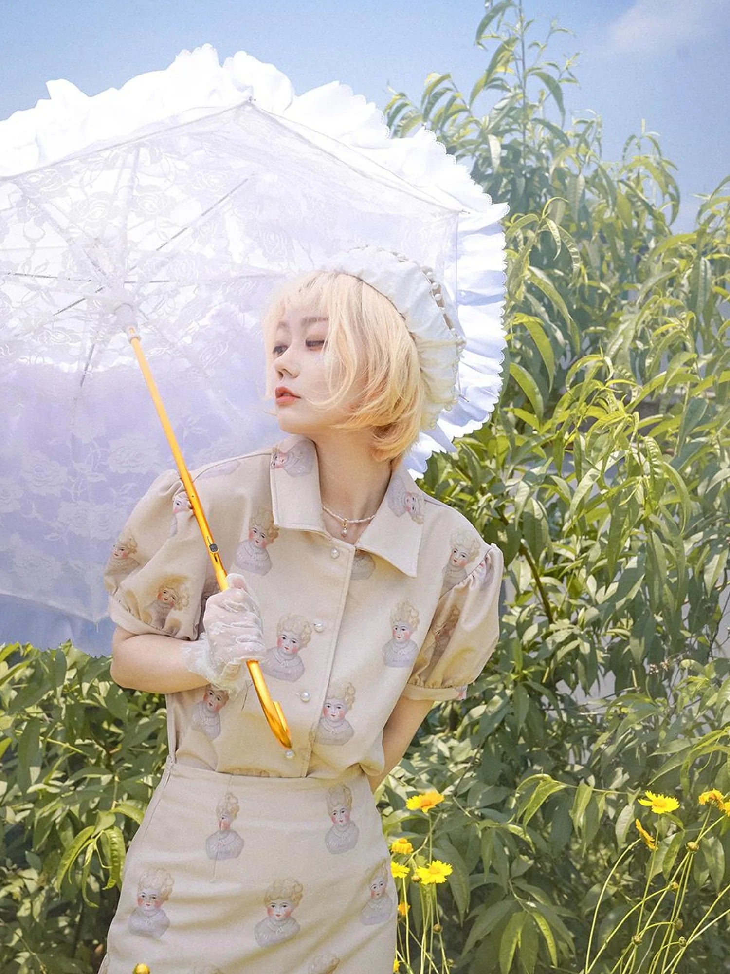 Vintage Porcelain Doll Floral Print Midi Skirt