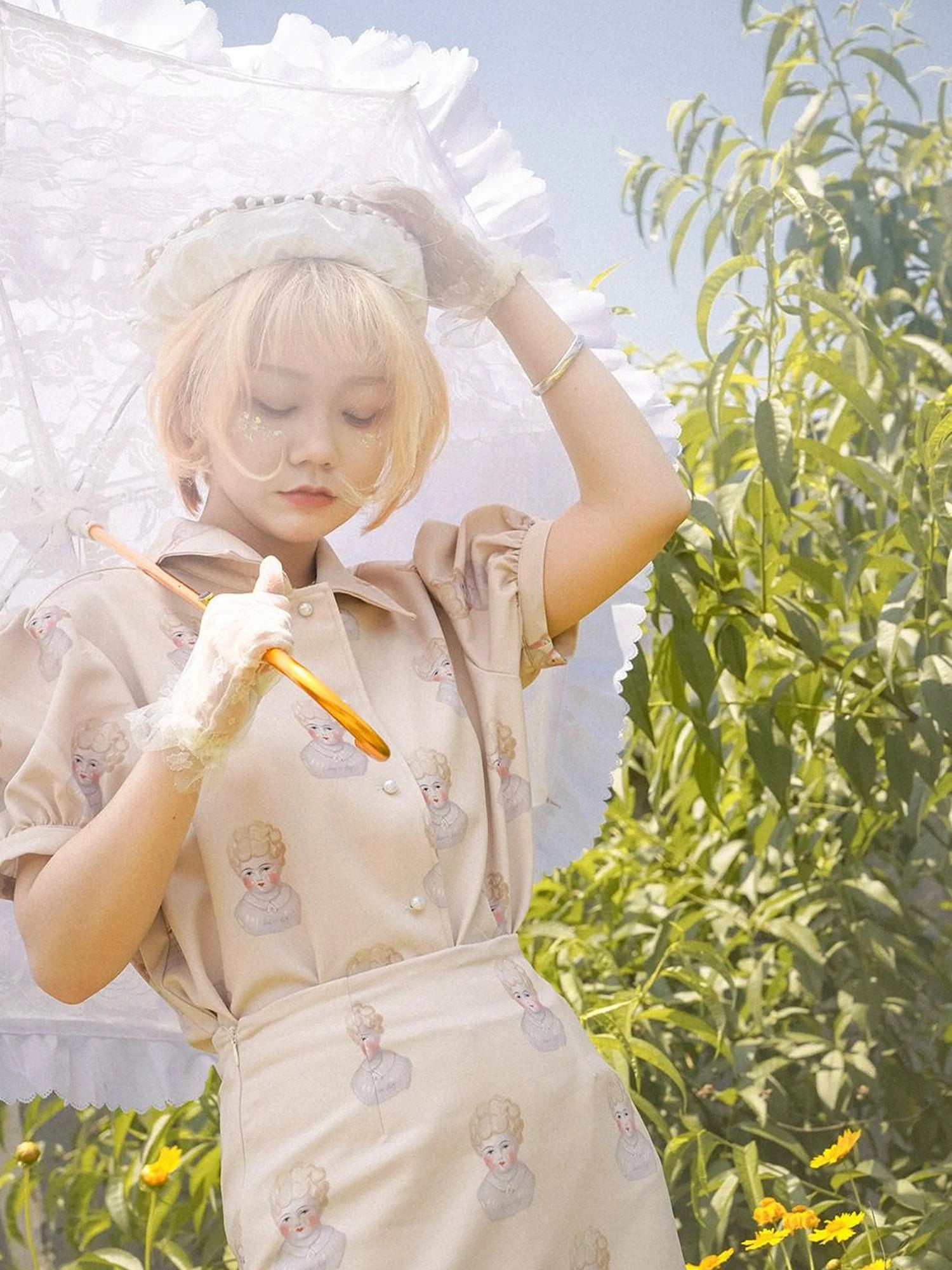 Vintage Porcelain Doll Floral Print Midi Skirt