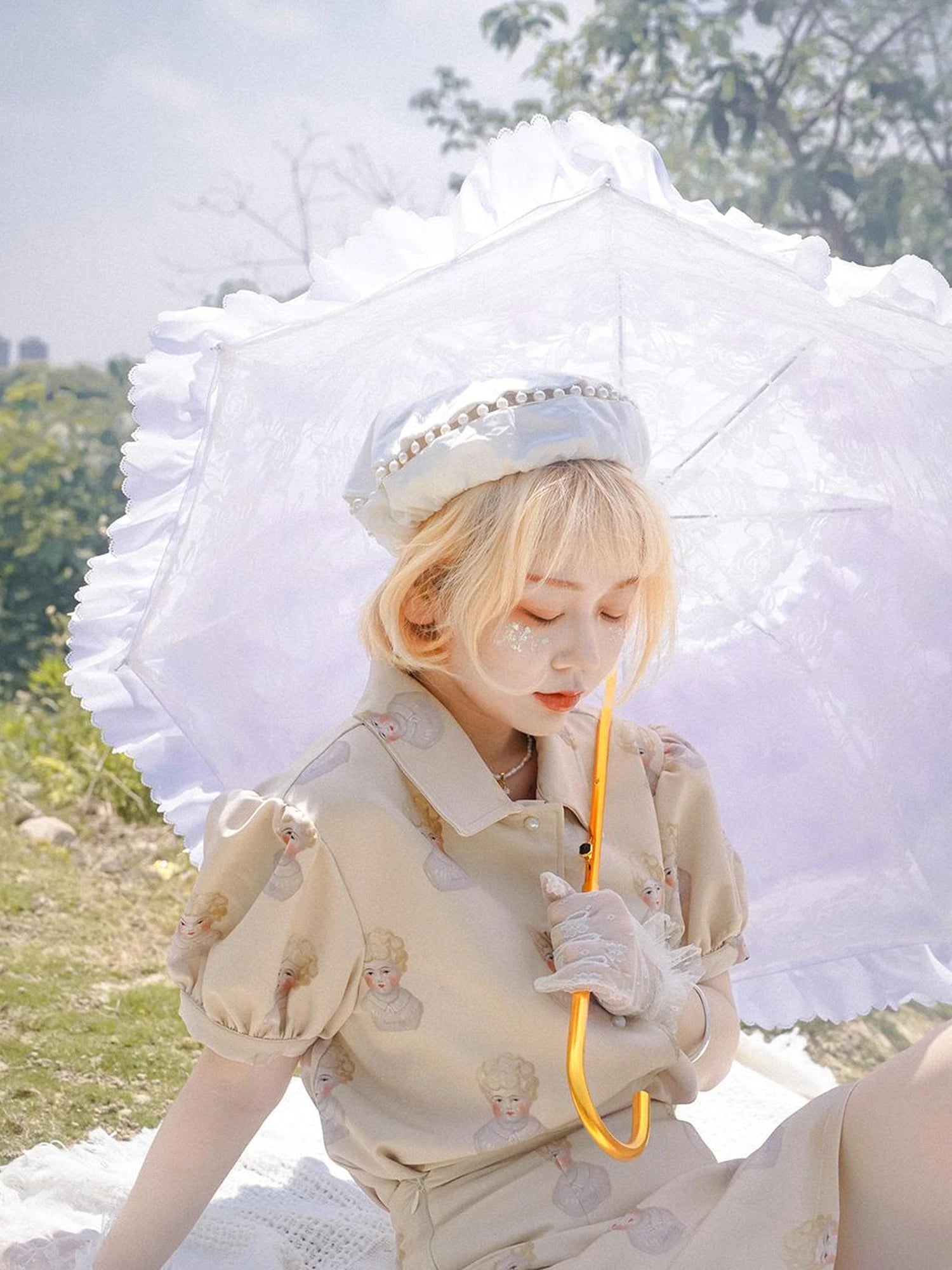 Vintage Porcelain Doll Floral Print Midi Skirt