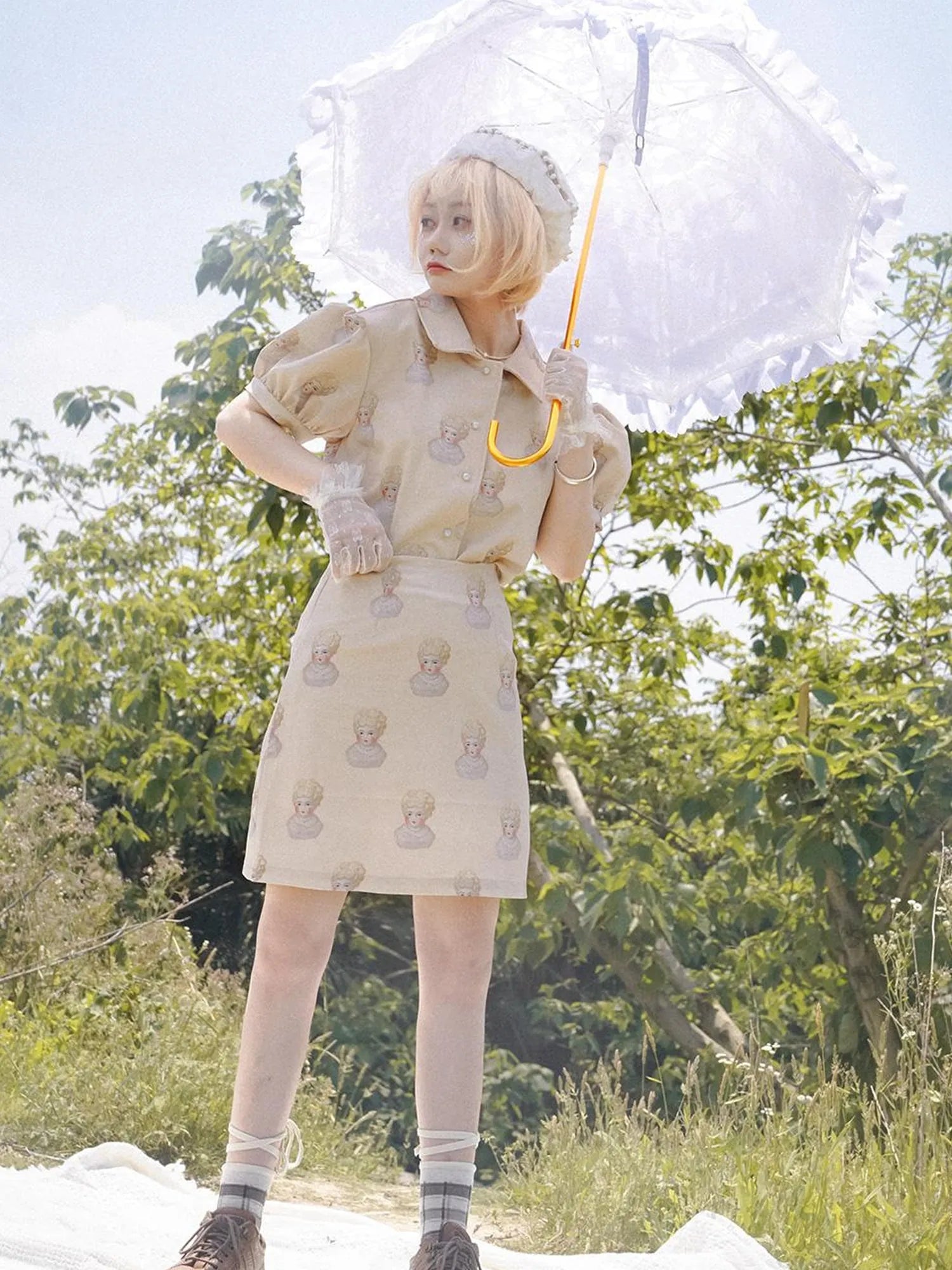 Vintage Porcelain Doll Floral Print Midi Skirt