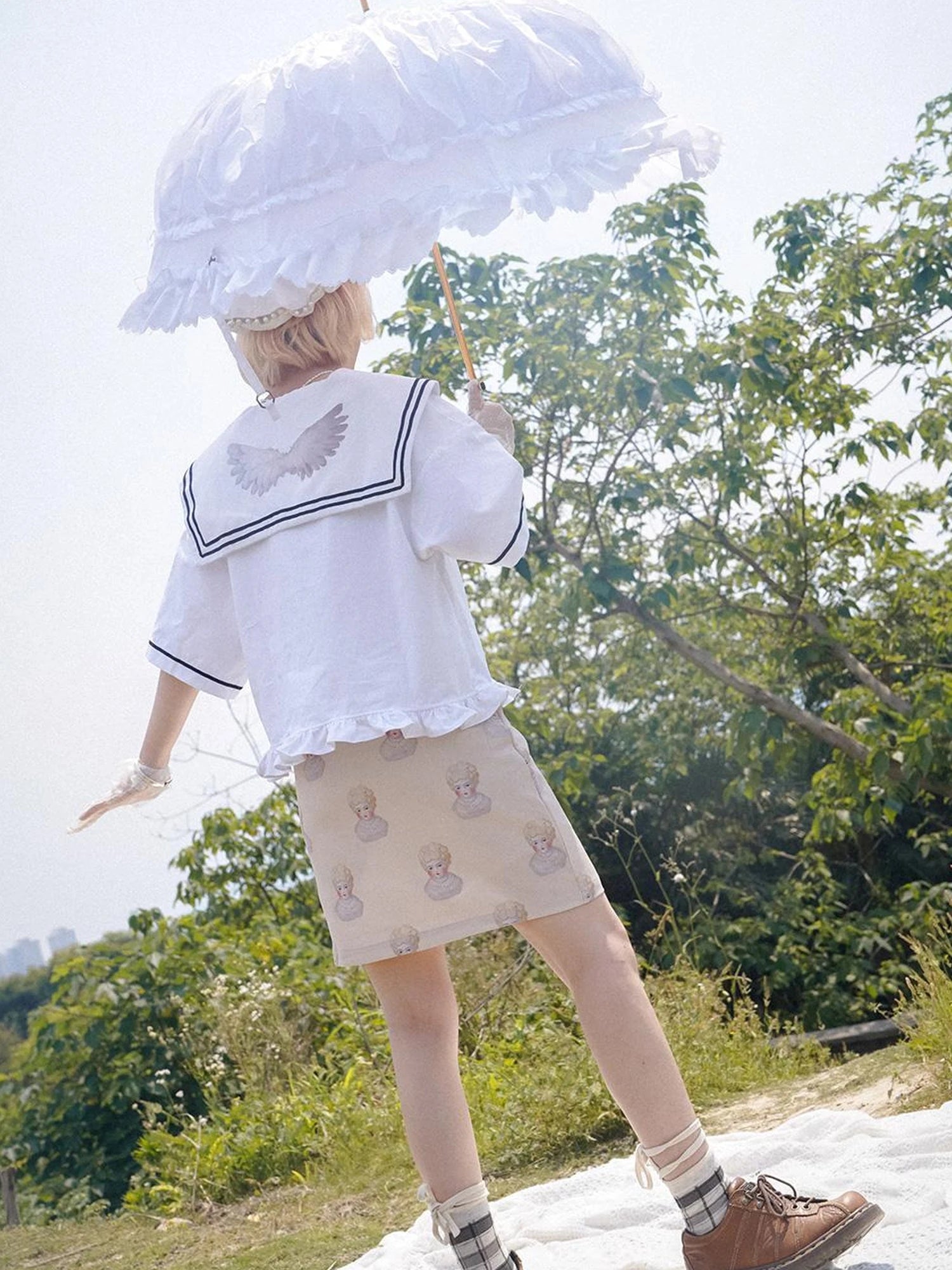 Vintage Porcelain Doll Floral Print Midi Skirt