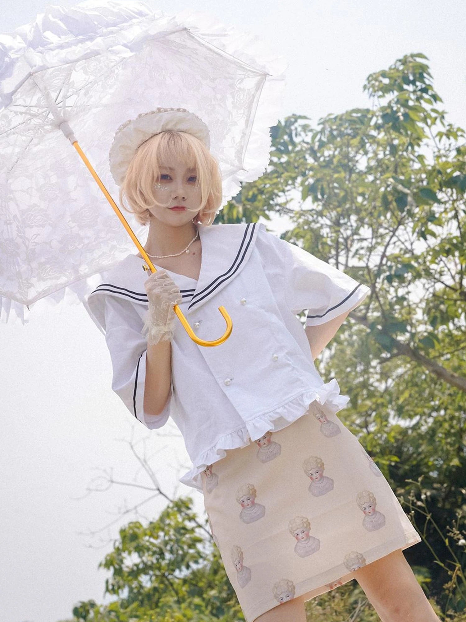 Vintage Porcelain Doll Floral Print Midi Skirt