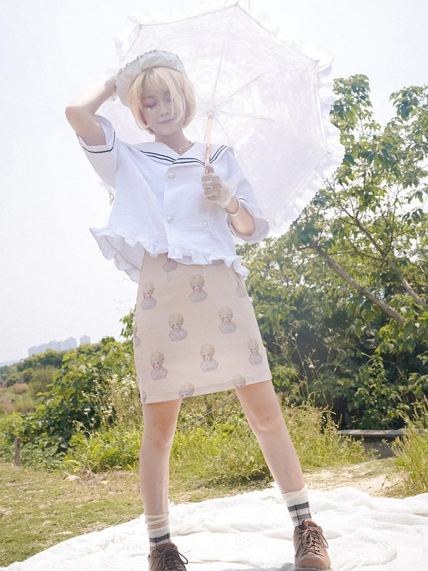 Vintage Porcelain Doll Floral Print Midi Skirt