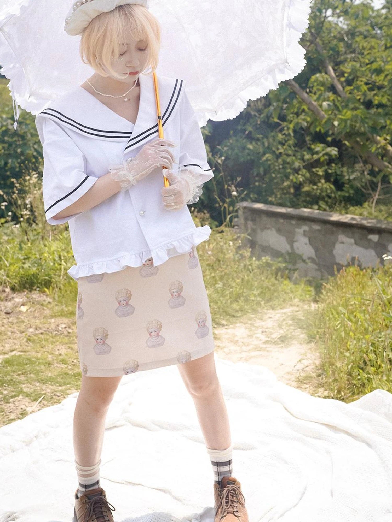 Vintage Porcelain Doll Floral Print Midi Skirt