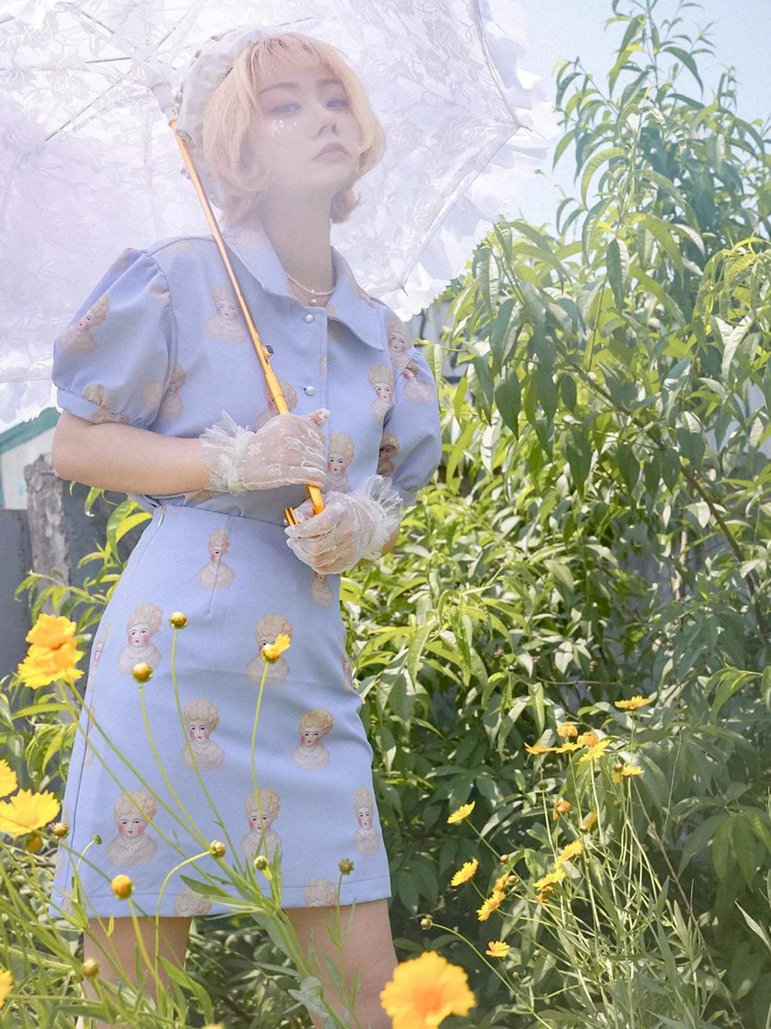 Vintage Porcelain Doll Floral Print Shirt