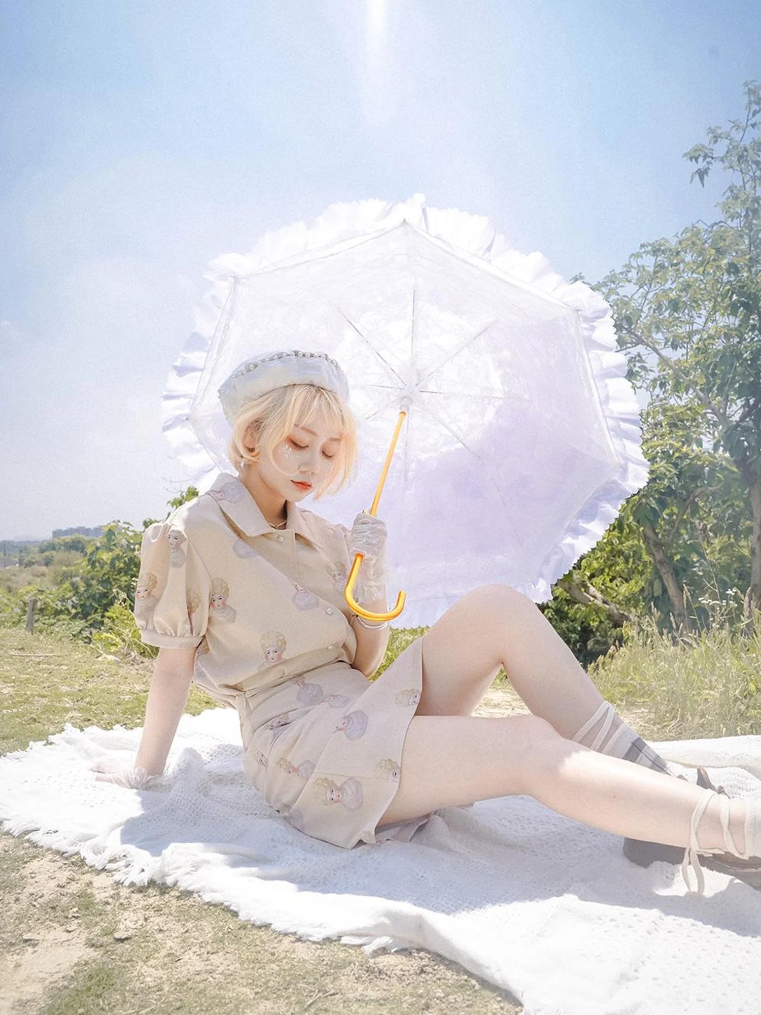 Vintage Porcelain Doll Floral Print Shirt