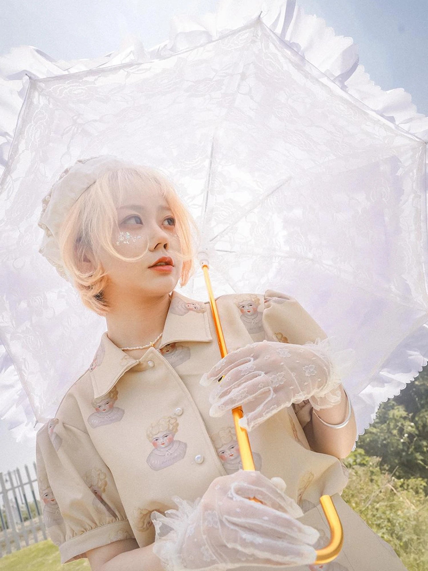 Vintage Porcelain Doll Floral Print Shirt