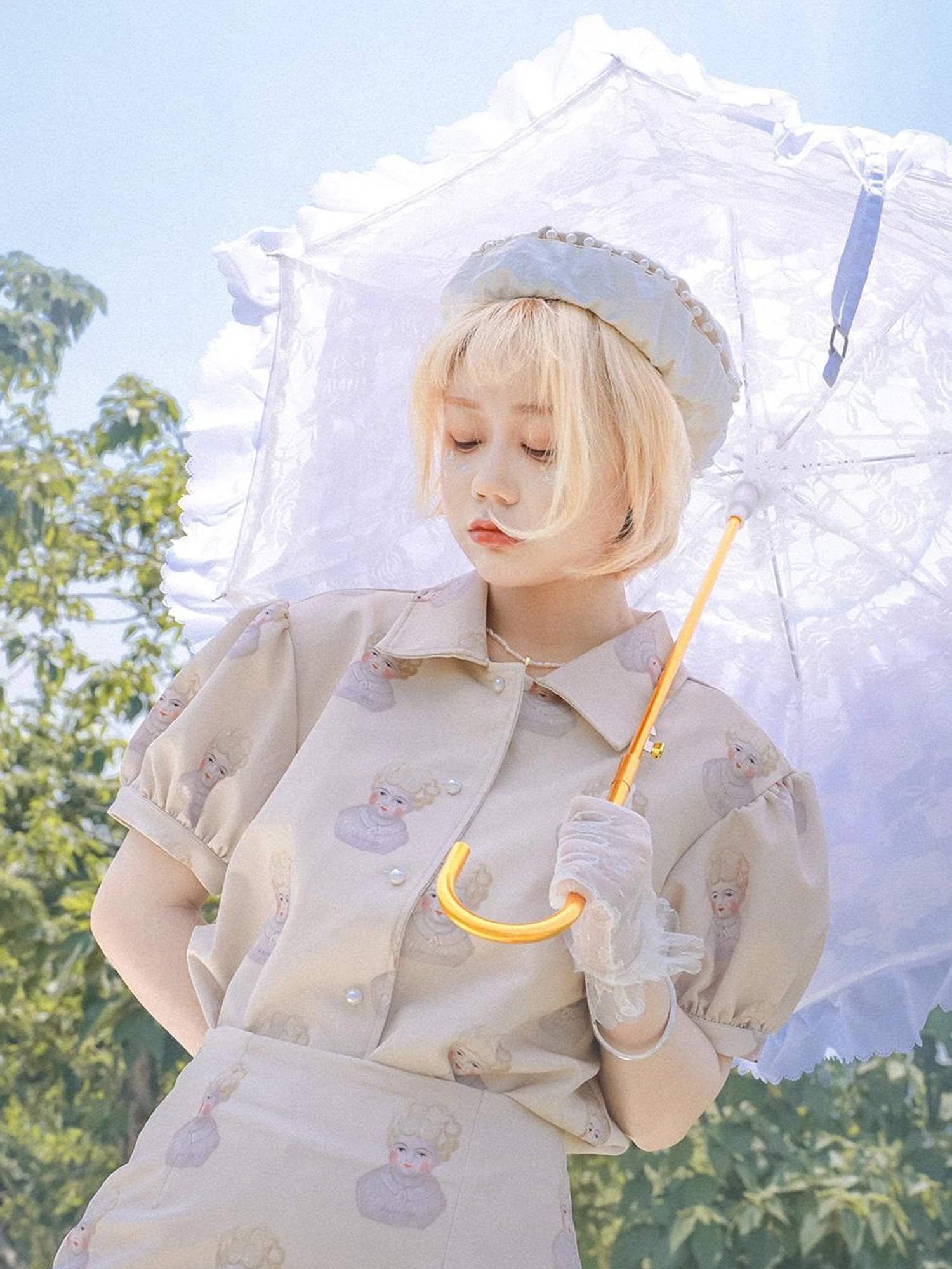 Vintage Porcelain Doll Floral Print Shirt