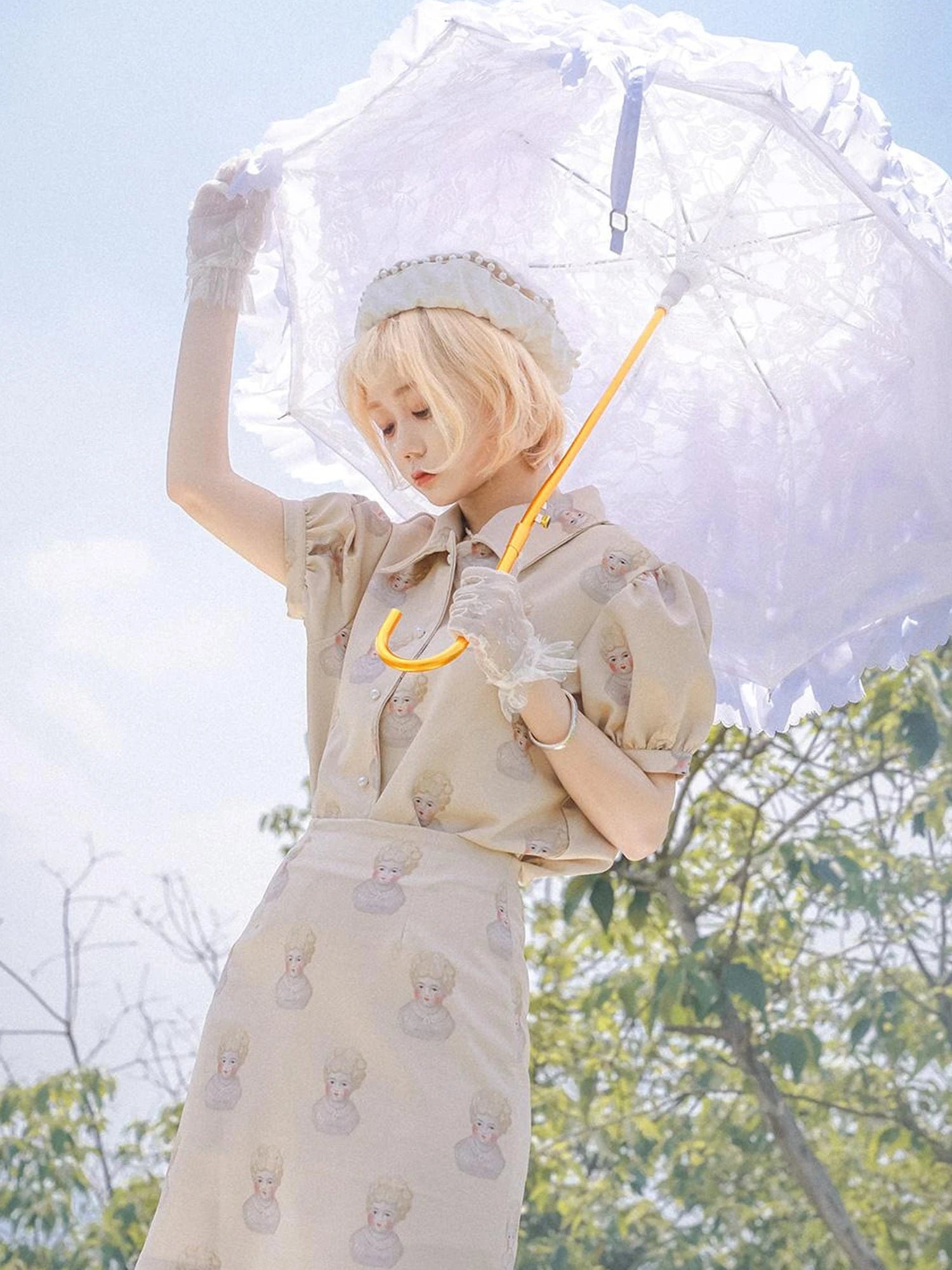 Vintage Porcelain Doll Floral Print Shirt