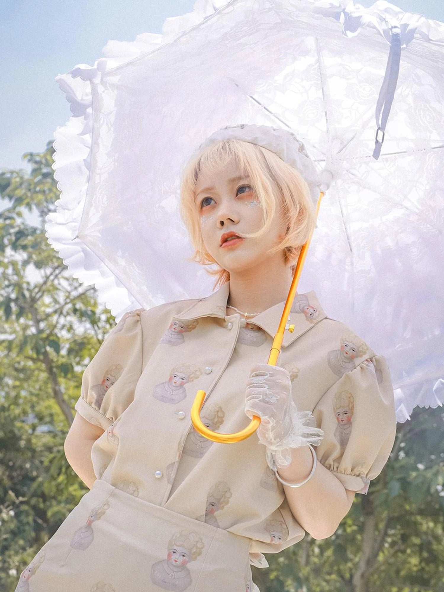 Vintage Porcelain Doll Floral Print Shirt