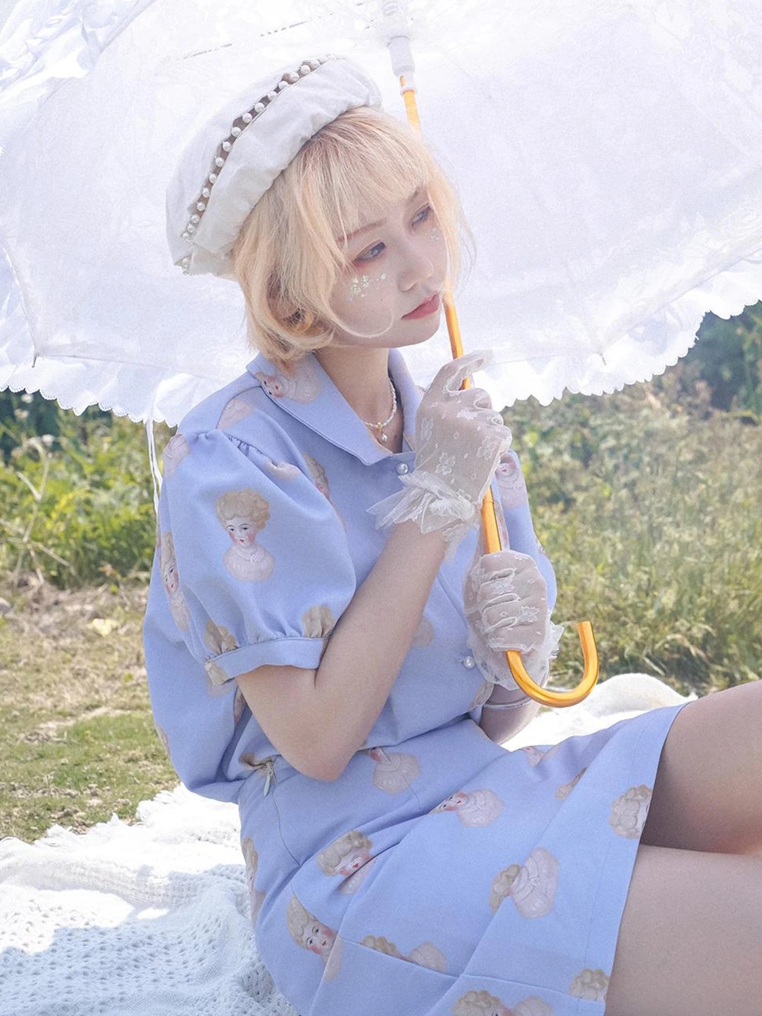 Vintage Porcelain Doll Floral Print Shirt